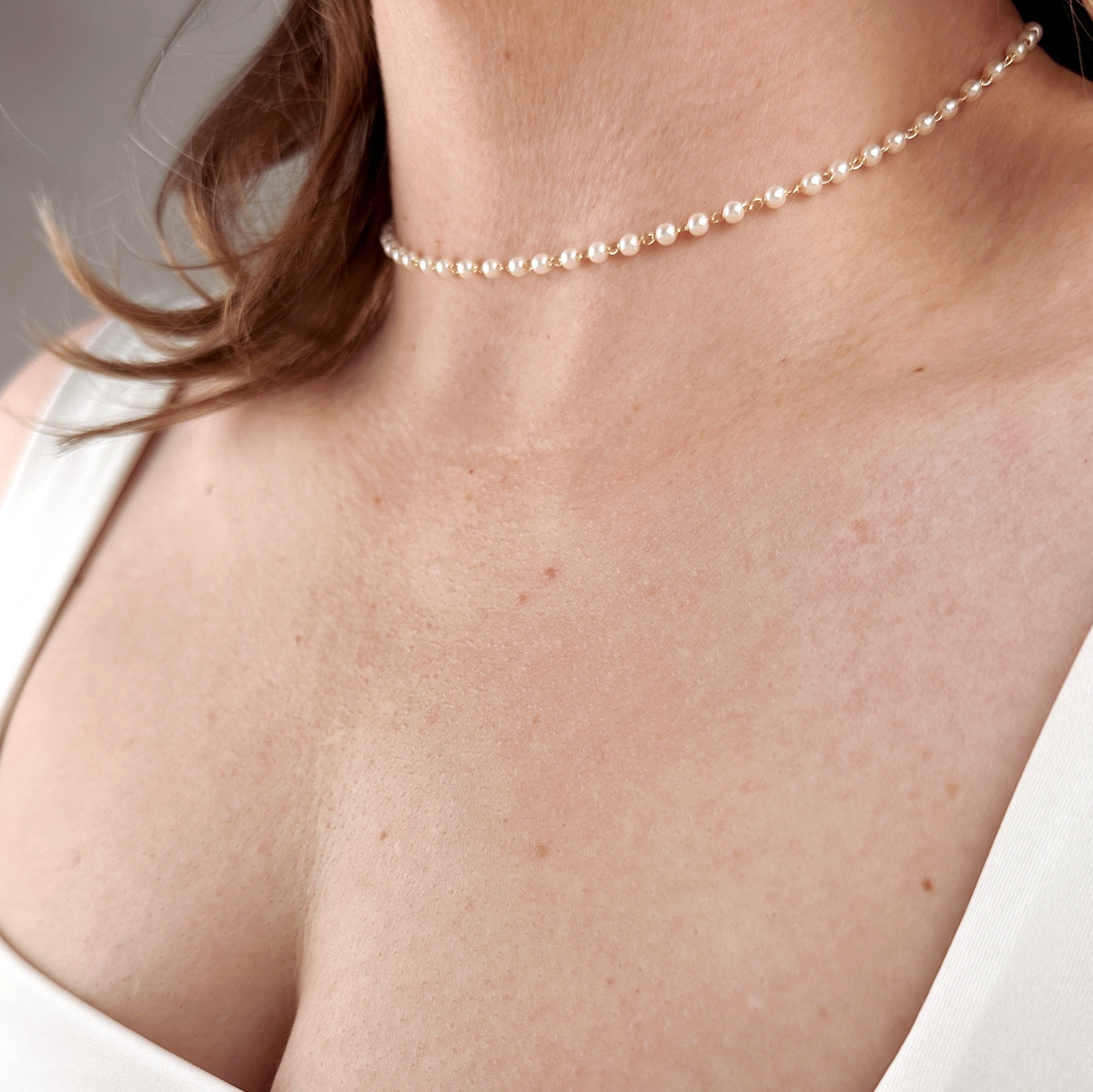 18K Gold Filled 3mm Pearl Choker Necklace for Women - Elegant Layering Piece for Wedding, Party & Everyday Wear
