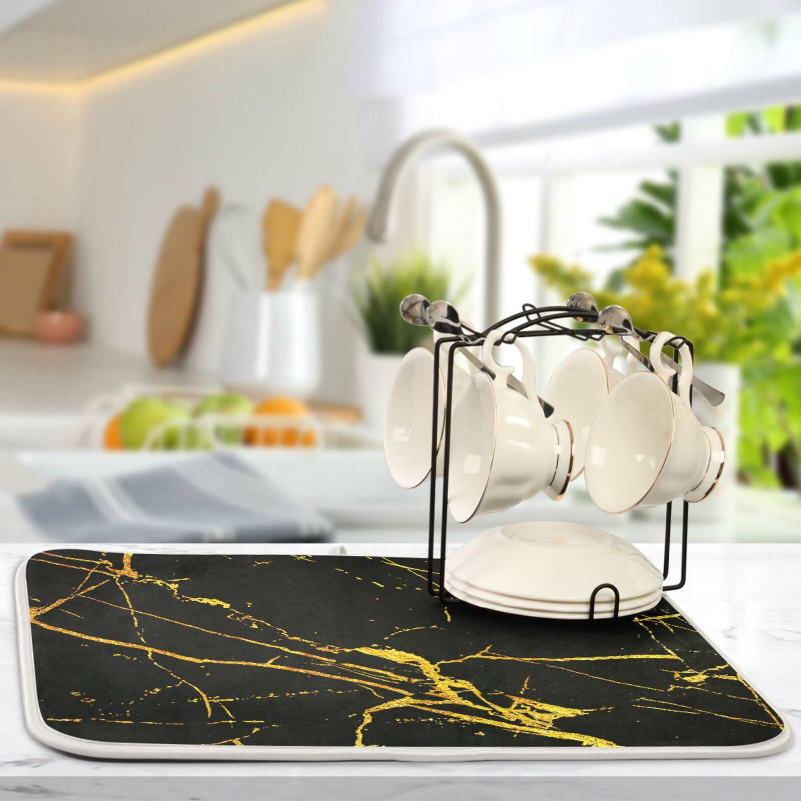 Marble Dish Drying Mat 18x24 Inch - Microfiber Kitchen Countertop Drainer for Dishes & Utensils