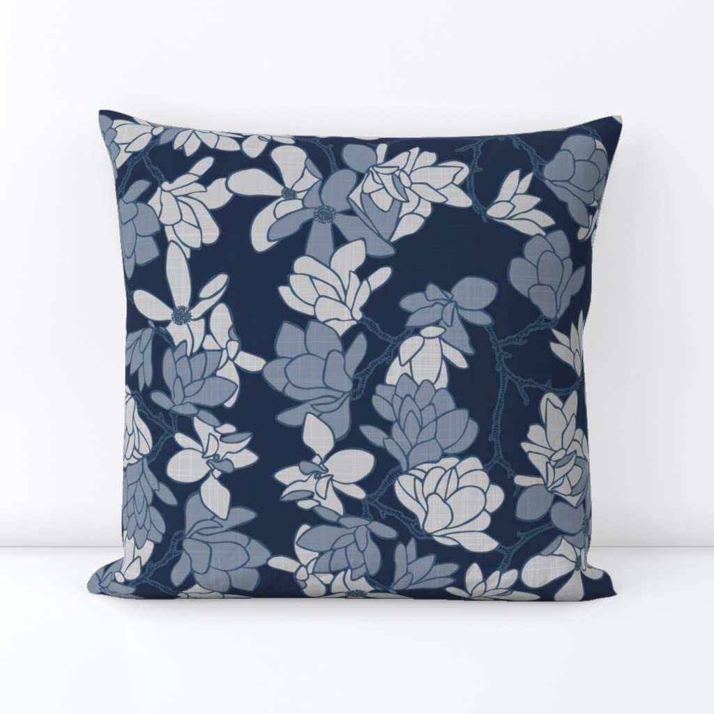 18x18 Inch Square Throw Pillow Cover - Midcentury Modern Navy Floral Indigo Blooms Print on Linen Cotton Canvas | Home Decor, Living Room, Bedroom, Sofa Cushion