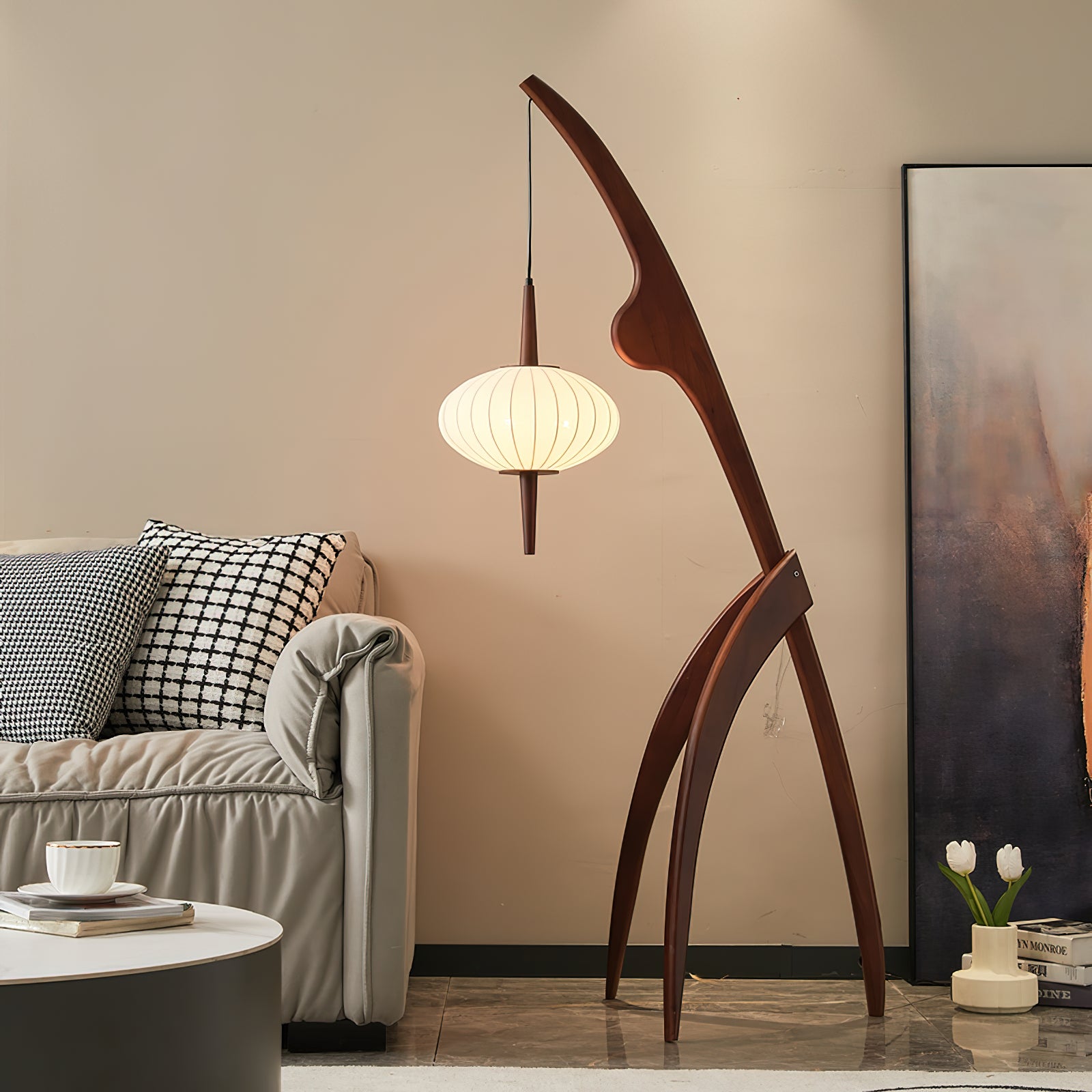 Modern Mantis Wood Floor Lamp - Adjustable Standing Light for Living Room, Bedroom & Office - Warm White LED Reading Light with Wooden Tripod Base - Perfect for Cozy Nights & Stylish Home Decor
