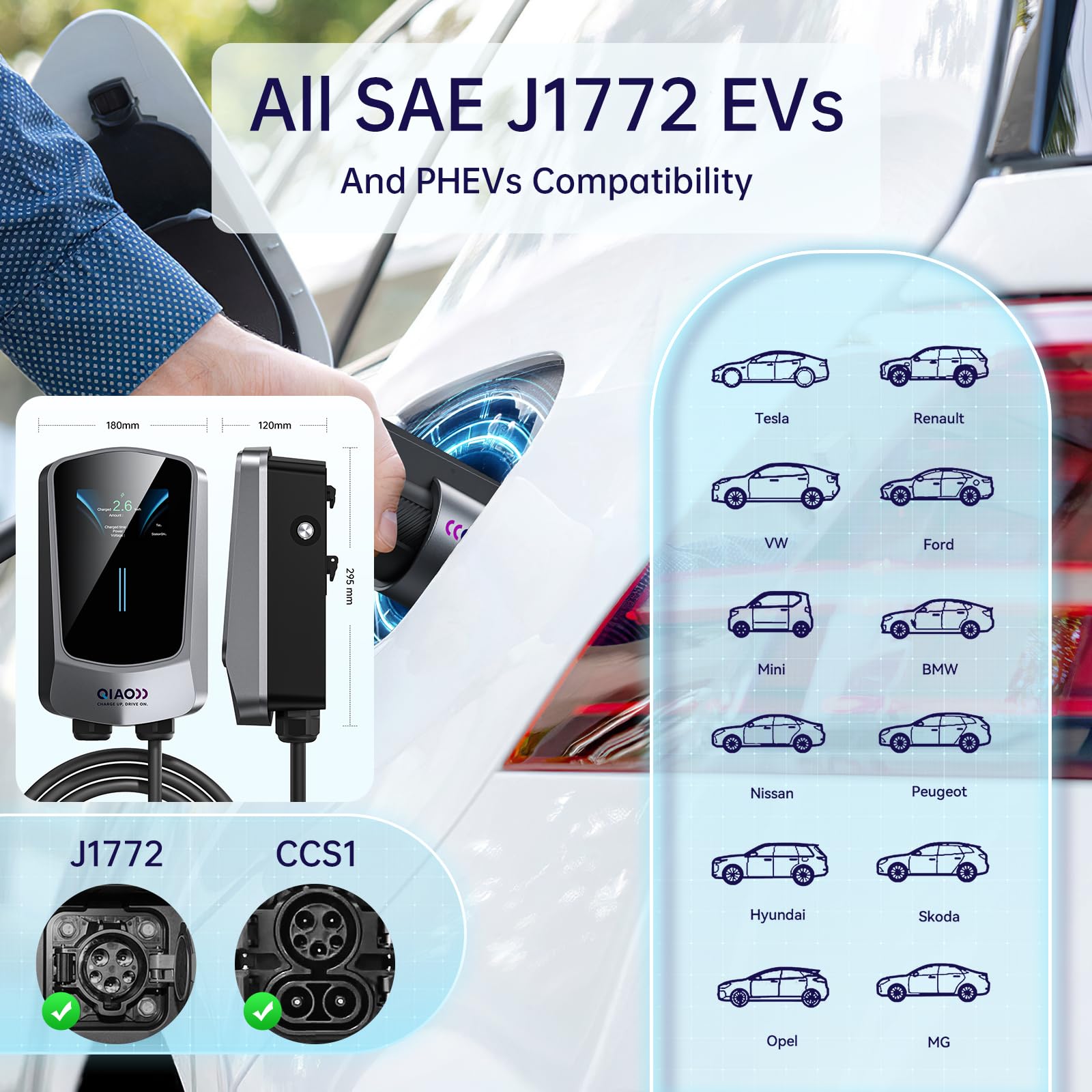 QIAO Level 2 EV Charger 48A Hardwired Electric Vehicle Charging Station with Wi-Fi & Bluetooth APP, 4.3in Display & 25ft Cable - SAE J1772 Compatible for Tesla, Nissan Leaf, Chevy Bolt (White) - Perfect for Home & Commercial Charging Stations