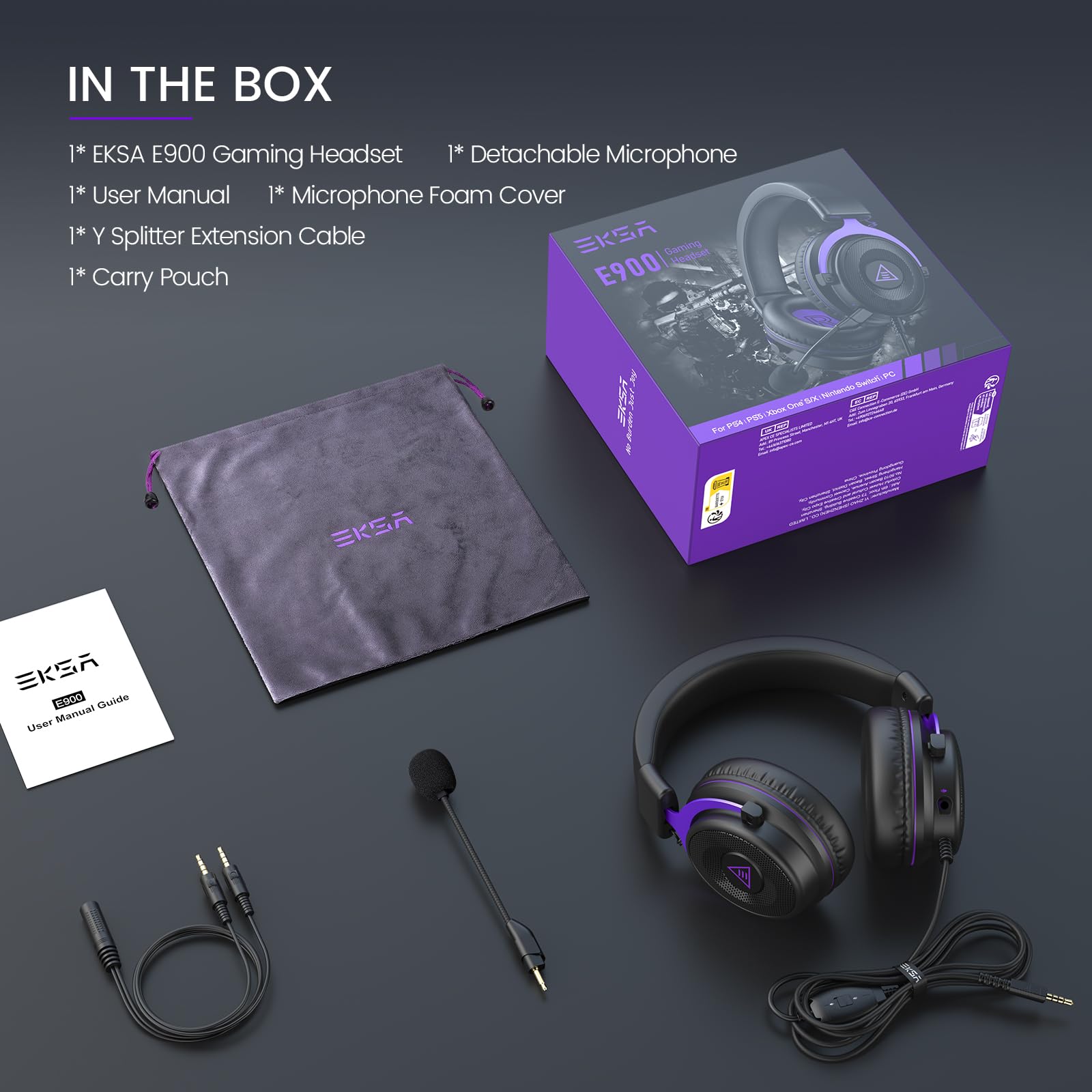 EKSA E900 Wired Gaming Headset with Detachable Noise Cancelling Mic - 50mm Drivers, 3D Stereo Sound for Xbox One/X/S, PS4/PS5, Nintendo Switch & PC - Perfect for Competitive Gaming & Online Chat (Purple)
