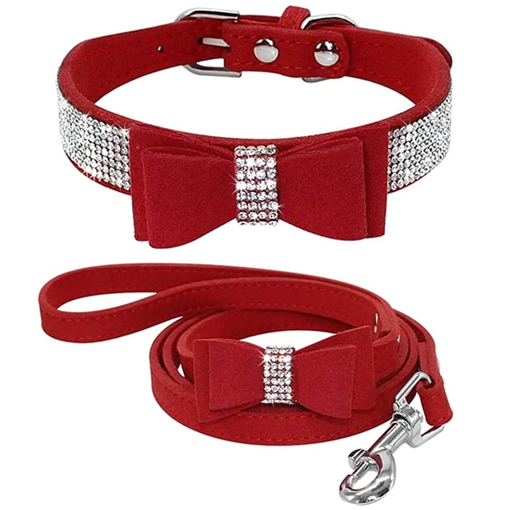 Sparkling Rhinestone Dog Collar & Leash Set with Crystal Diamonds & Cute Bow - Adjustable Soft Velvet Pet Accessories for Small to Medium Dogs (Red, XXL 18-22