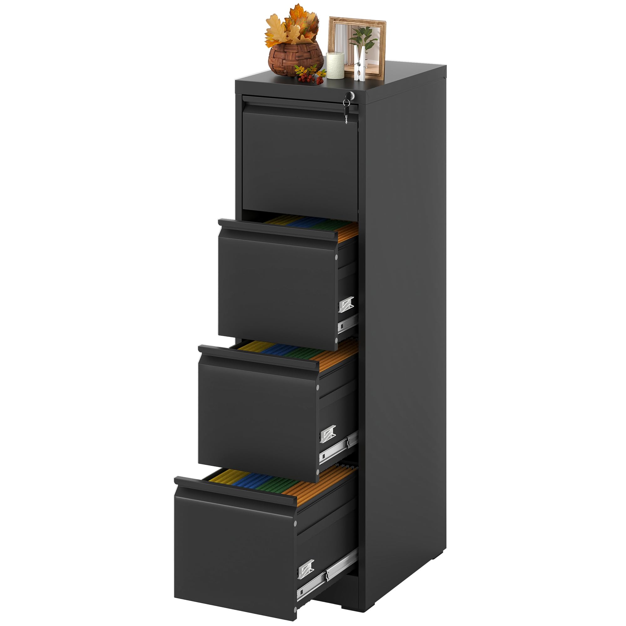 4-Drawer Vertical File Cabinet with Lock - Black Metal Hanging File Organizer for A4, Legal & Letter Size Documents | Perfect for Home Office, School & Business Storage