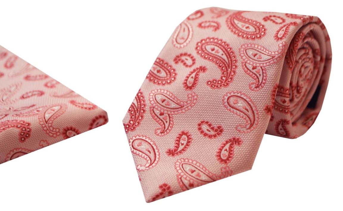 LA Smith Poly Pink Paisley Tie and Pocket Square Set - Elegant Accessories for Weddings, Prom & Formal Events
