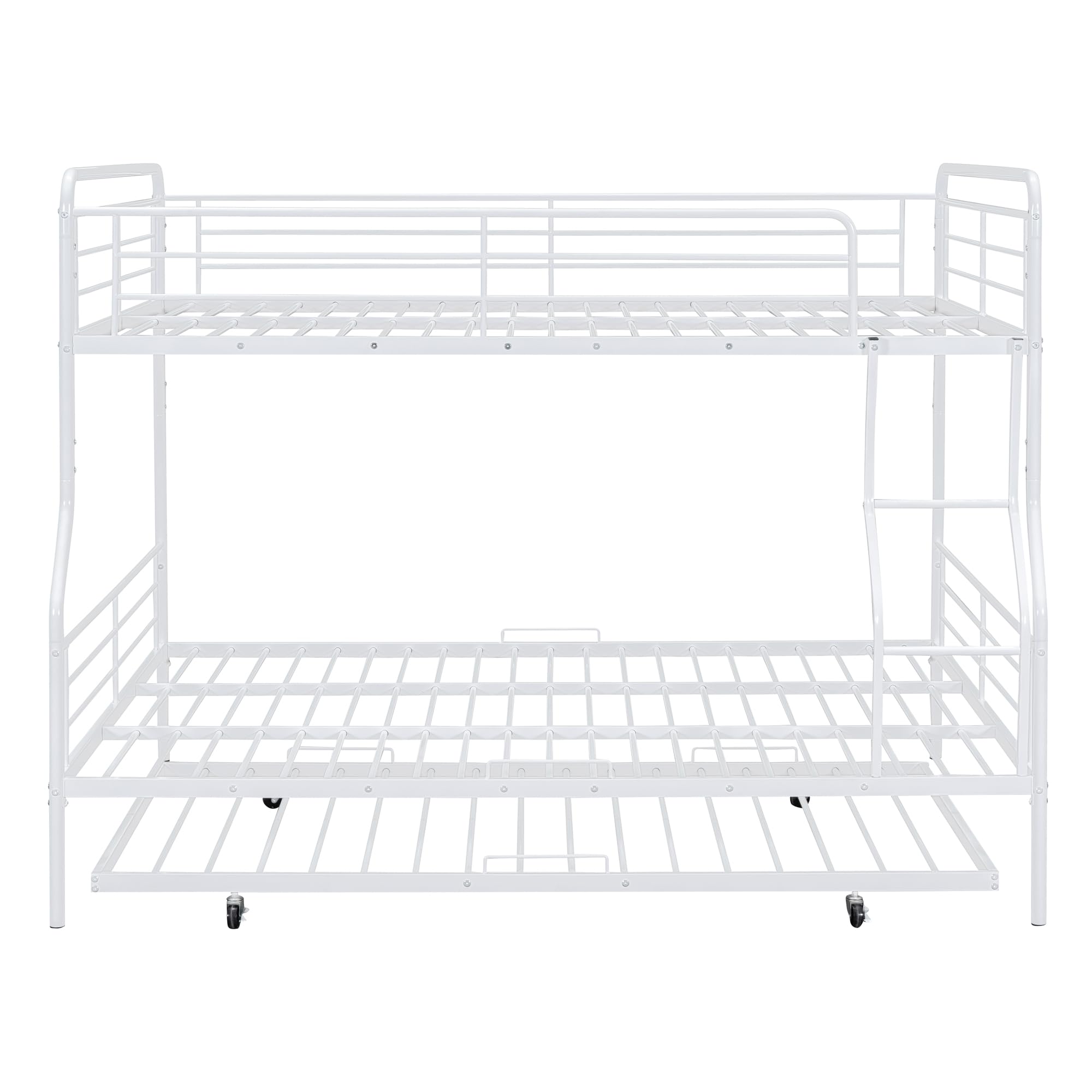 Merax Full XL Over Queen Metal Bunk Bed Frame with Twin Size Trundle & Full-Length Guardrails - Sturdy Space-Saving Bunk Bed for Teens, Kids, Boys & Girls - Perfect for Dorms, Guest Rooms & Small Bedrooms (White)