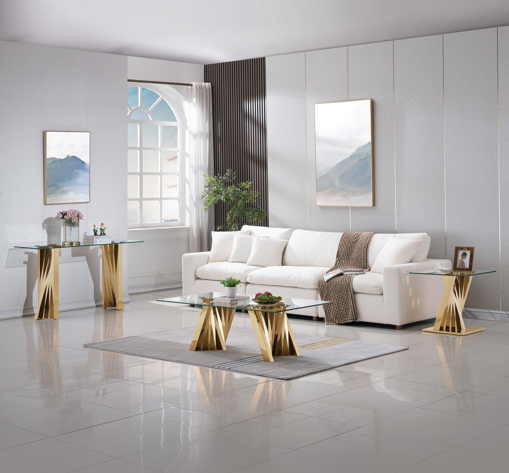 Premium 51in Rectangle Coffee Table Set with Tempered Glass Top & Gold Steel Base - Modern Living Room, Office, or Cafe Center Table for Cocktail Parties & Home Decor