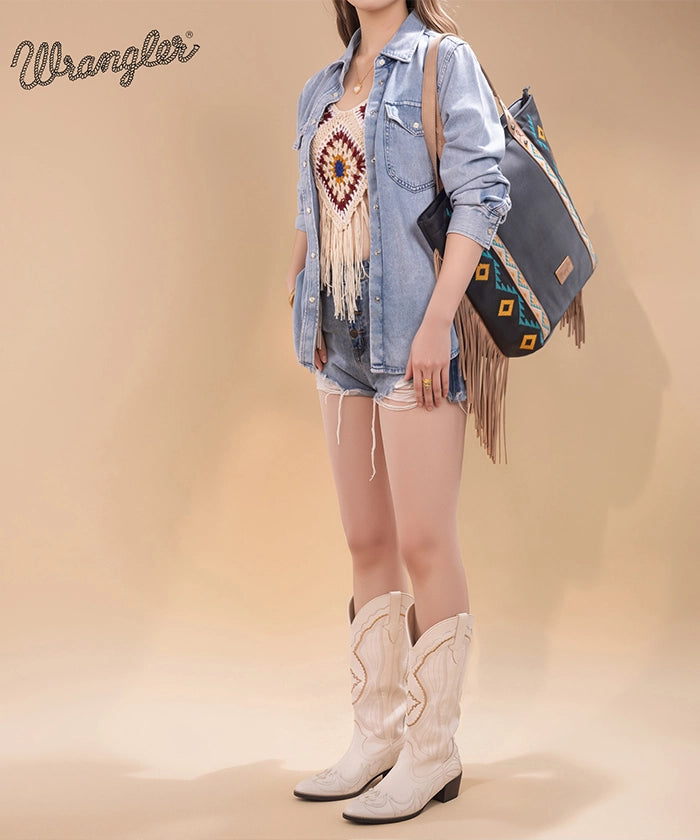 Wrangler Aztec Embroidered Fringe Wide Tote Bag for Women - Stylish Boho Shoulder Purse for Beach, Travel & Everyday Use