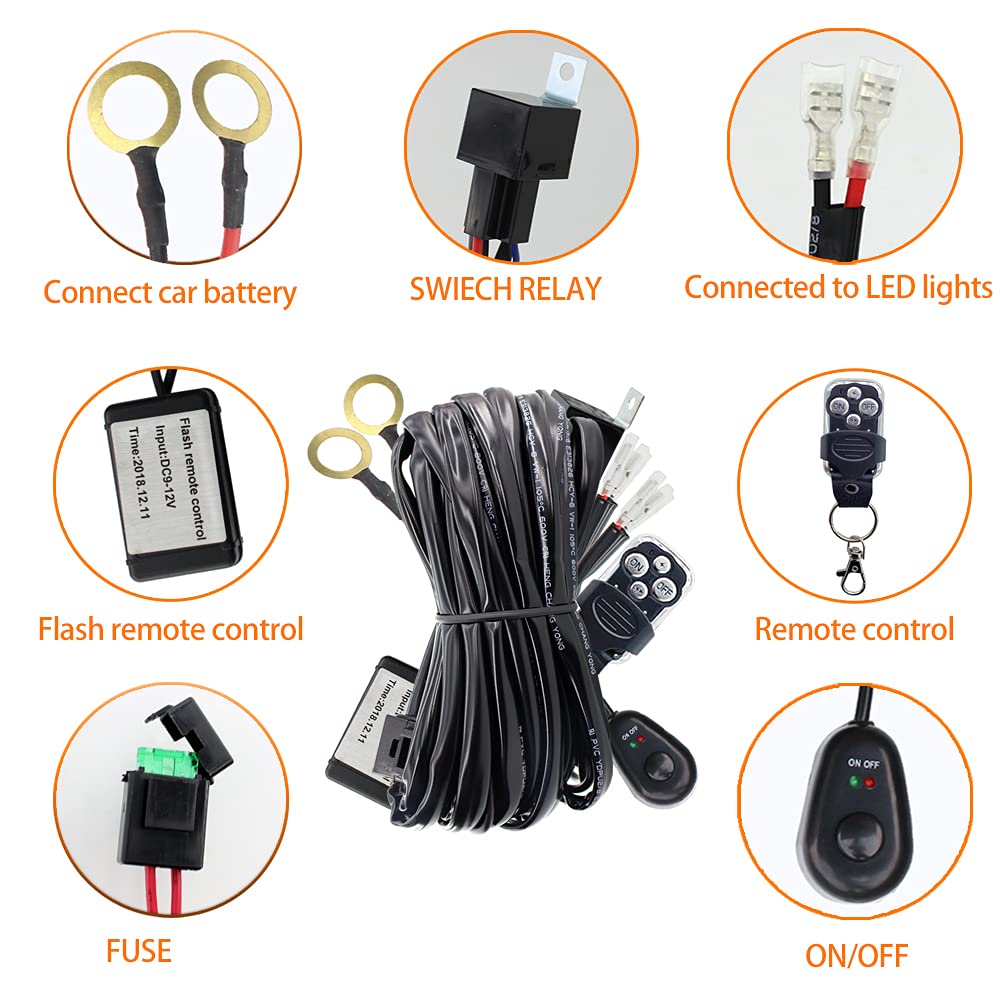 12V 40A LED Light Bar Wiring Harness Kit with Remote Switch & Relay - 14AWG Core Cable, 2 Leads - Perfect for Car Fog Lights, Off-Road Driving Lights, Work Lights & Truck Light Bars