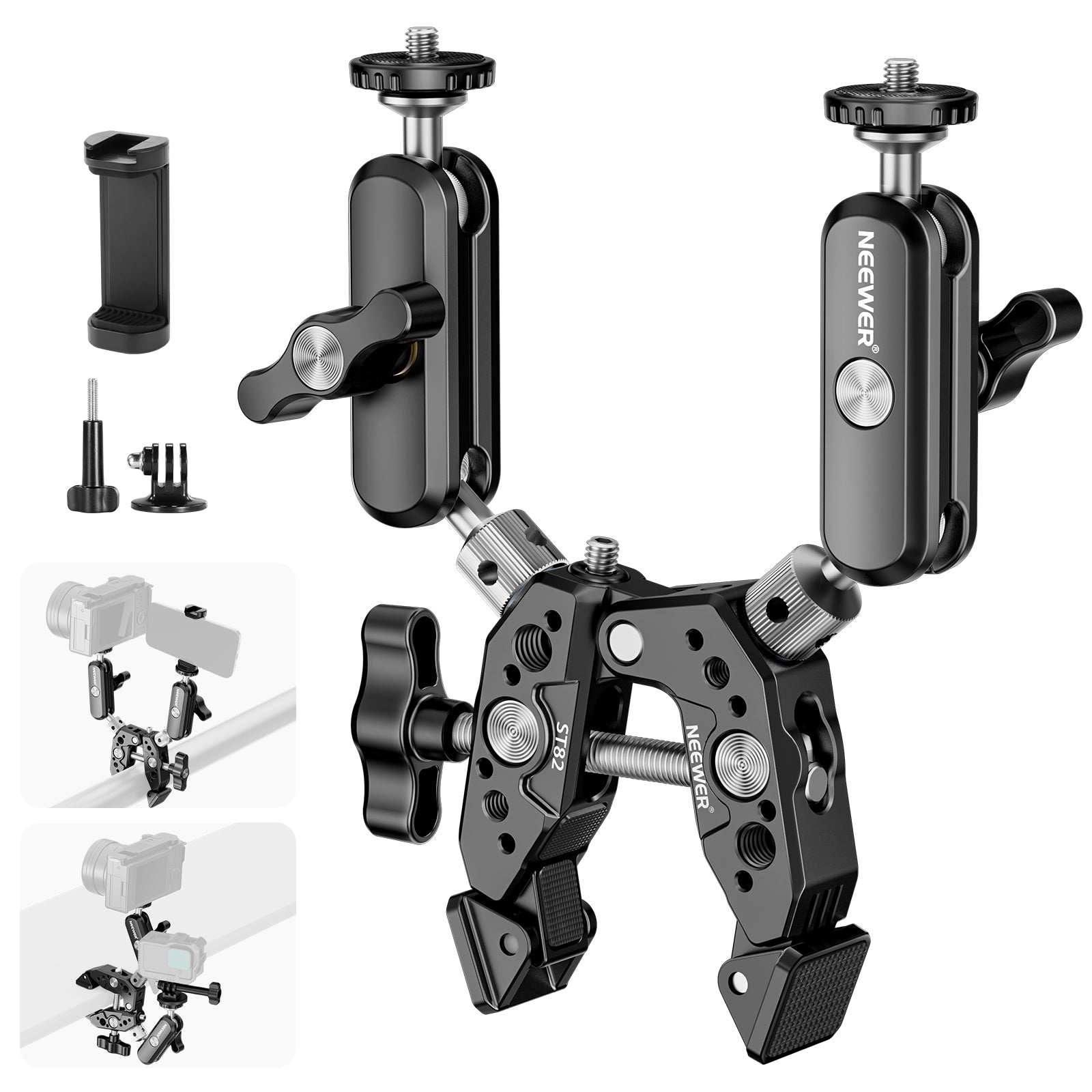 NEEWER ST82 Heavy Duty Super Clamp with Two 360° Dual Ball Head Magic Arms - Perfect for Photography, Videography, and Studio Lighting Setup