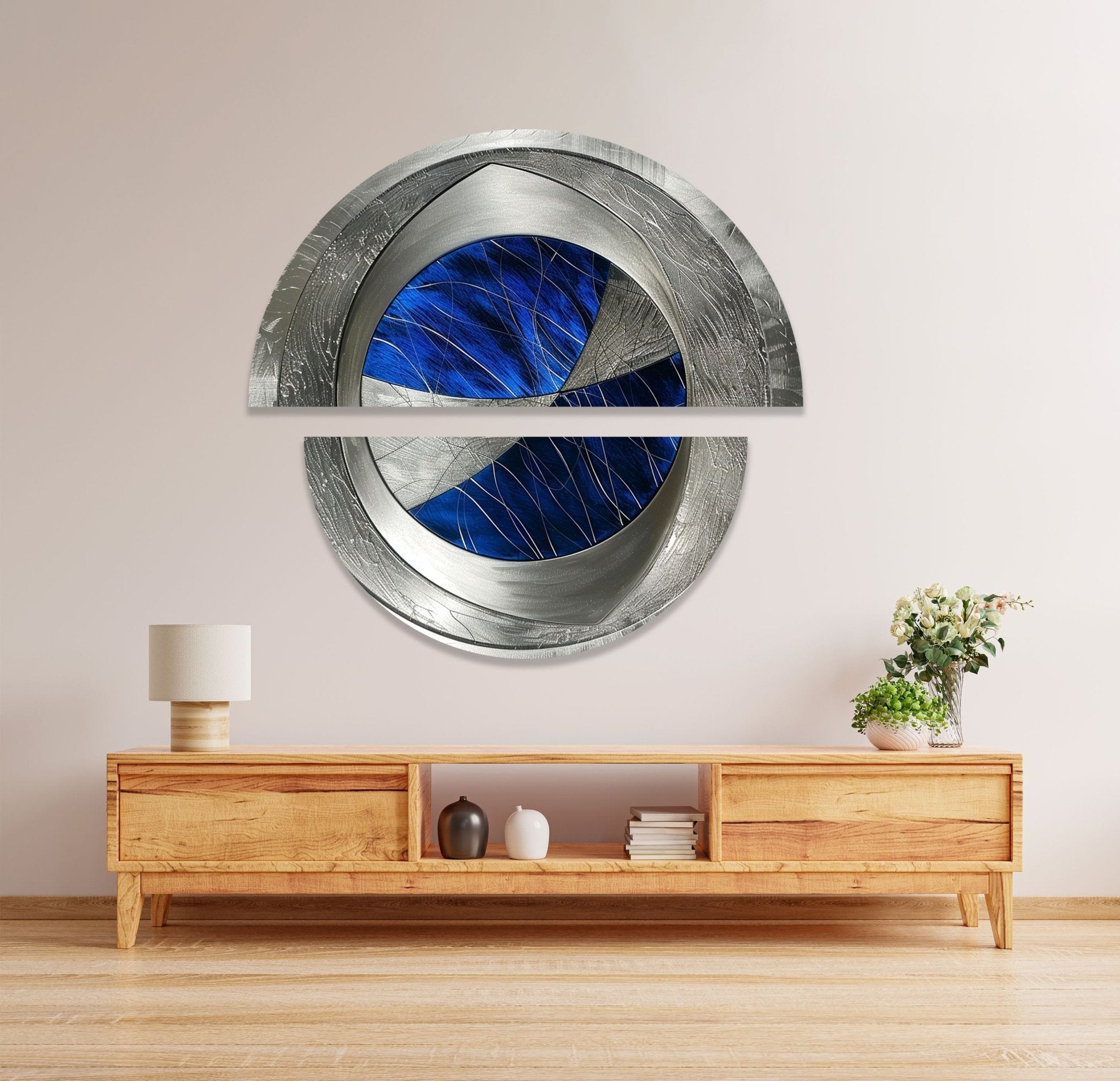 2 Piece Abstract Silver Blue Glass Wall Art Set - Modern Home Decor for Living Room, Bedroom, Office | Handmade Glass Wall Hangings for Unique Interior Design