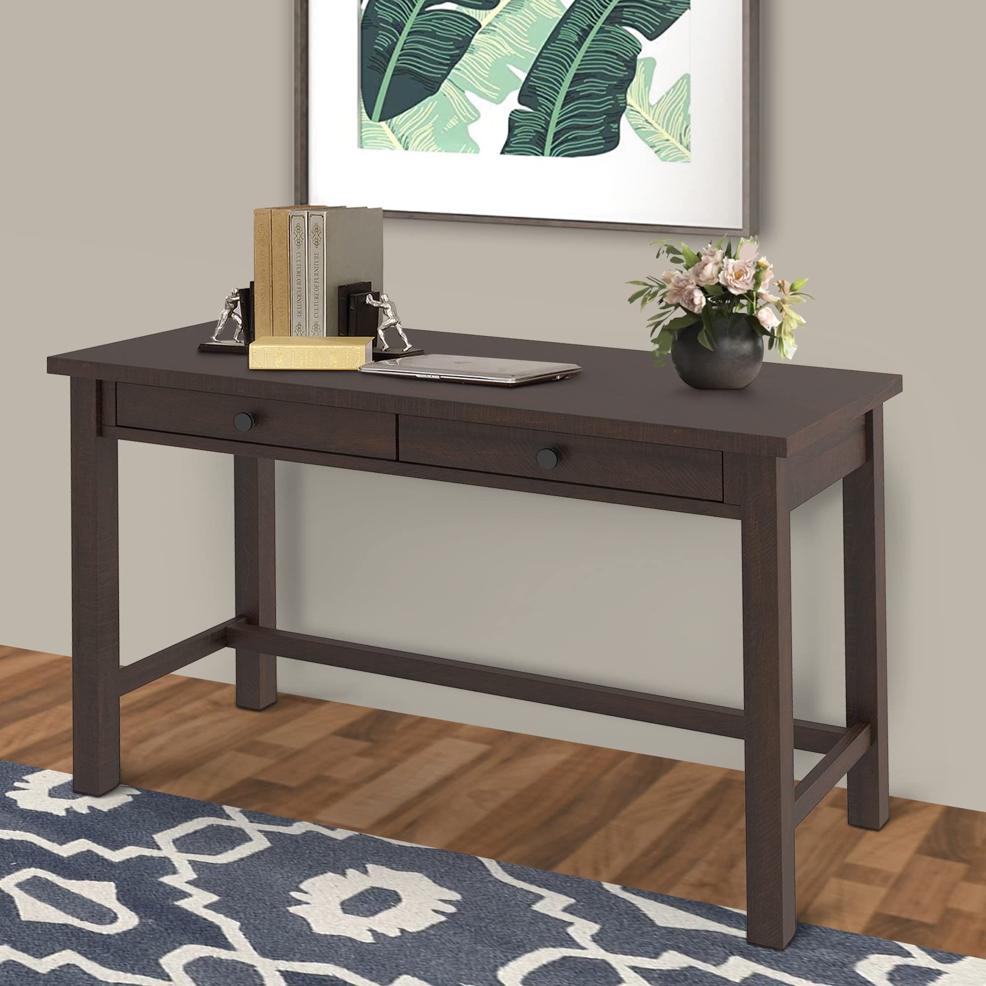 Benjara Solid Wood Writing Desk with Block Legs & 2 Storage Drawers - Brown & Black Home Office Desk for Study, Work, and Remote Learning