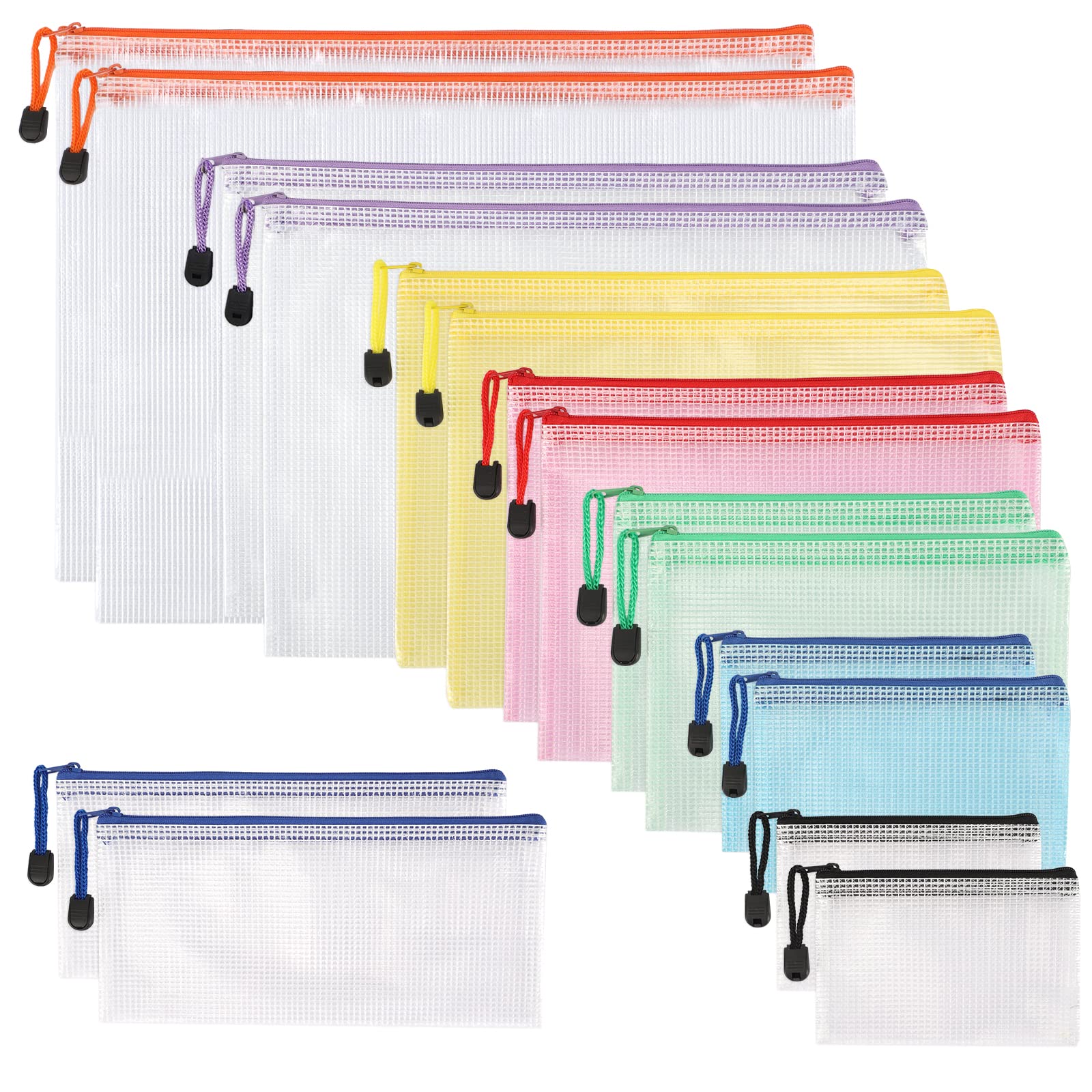16-Piece Waterproof PVC Mesh Zipper Pouch Set (8 Sizes) - Clear Colored Storage Bags for Travel, School, Office, Home Organization | Perfect for Documents, Cosmetics, Toys & Puzzle Storage