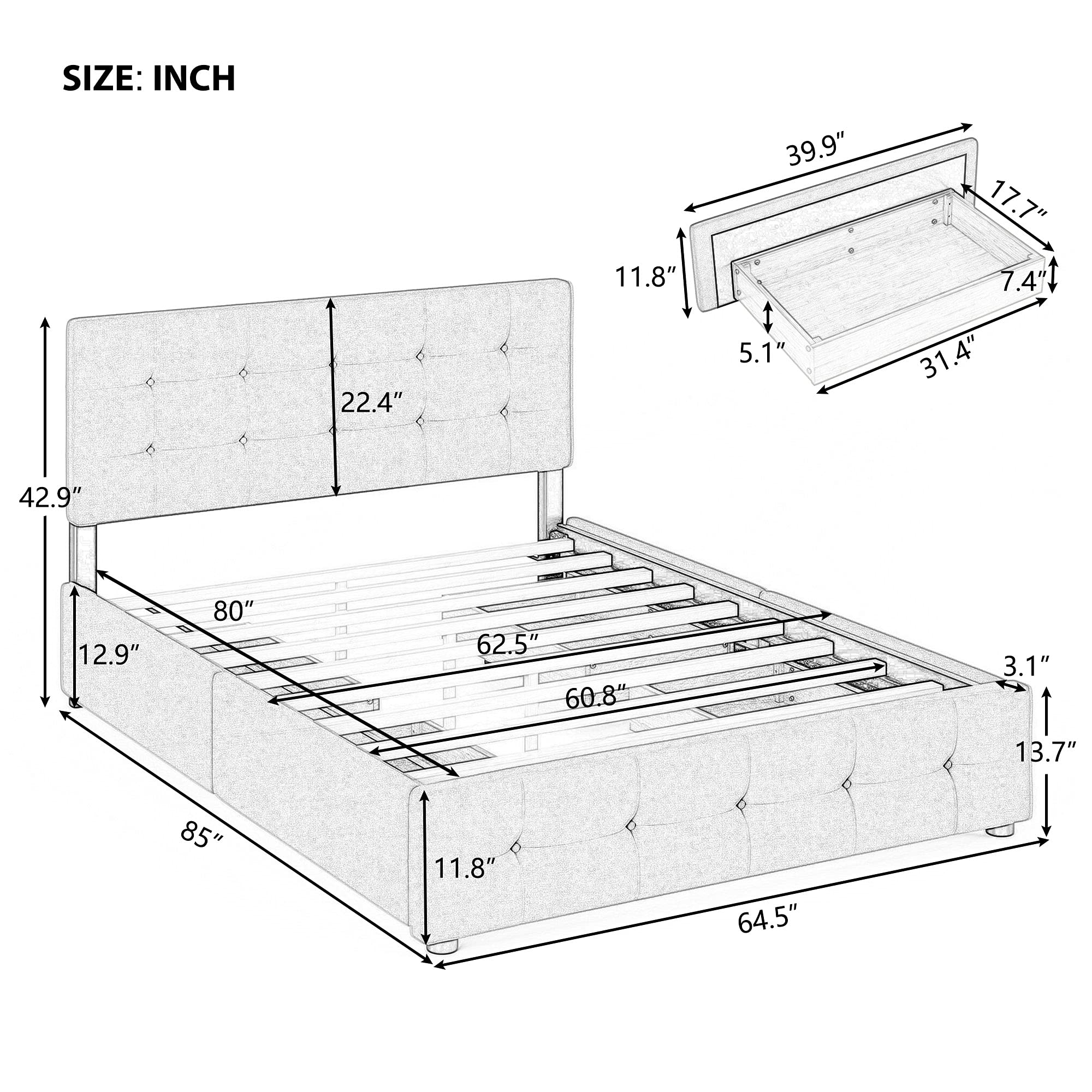 Queen Size Modern Upholstered Platform Bed with 4 Large Storage Drawers - Button Tufted Headboard, Wooden Slats & Center Support Legs - No Box Spring Required (Dark Gray) - Perfect for Master Bedrooms, Guest Rooms & Small Space Living