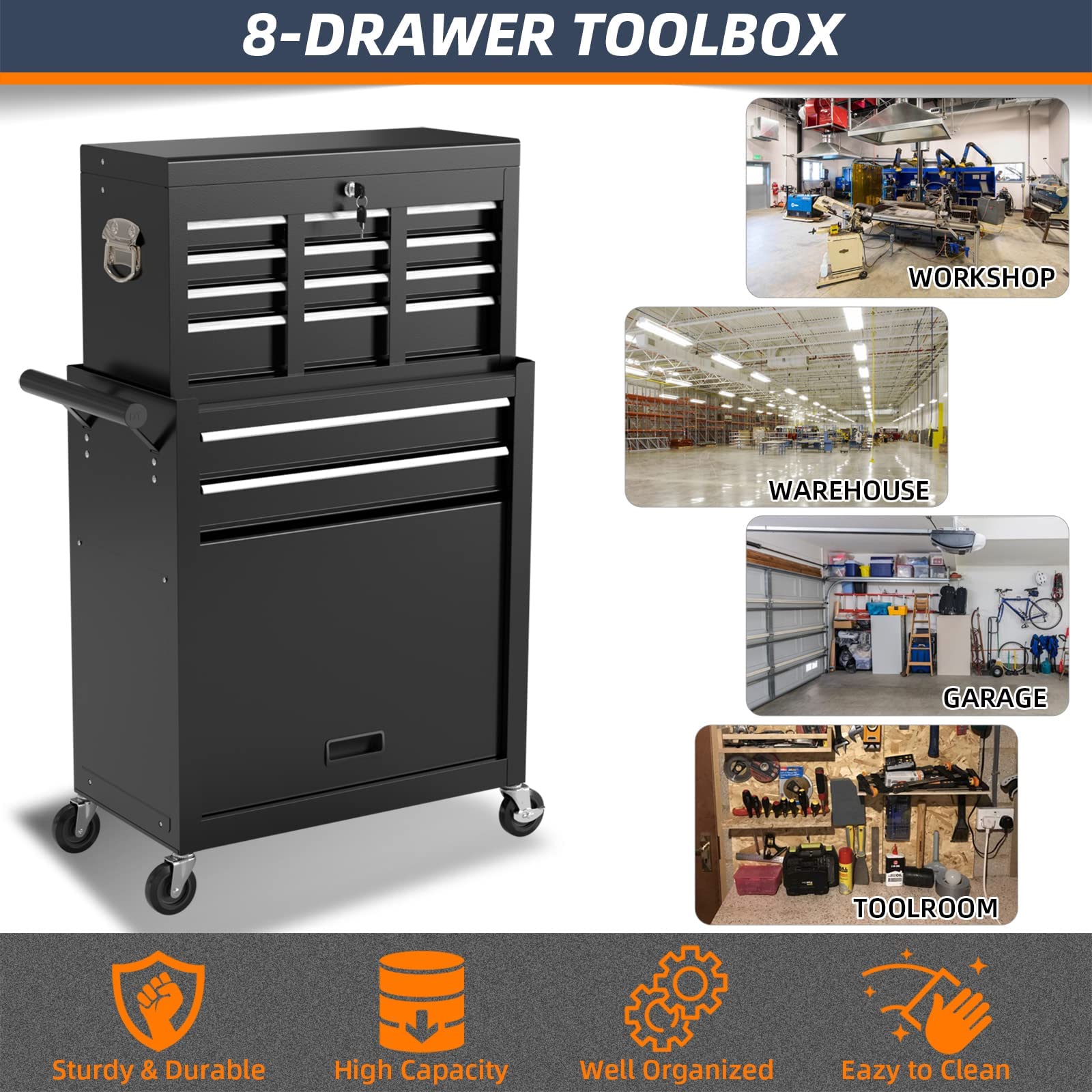 8-Drawer Heavy Duty Rolling Tool Chest with Lock - High Capacity Mobile Tool Storage Cabinet for Mechanics, Garage & Workshop - Removable Drawers & Wheels for Easy Organization (Black) - Perfect for Auto Repair, DIY Projects & Professional Tool Storage