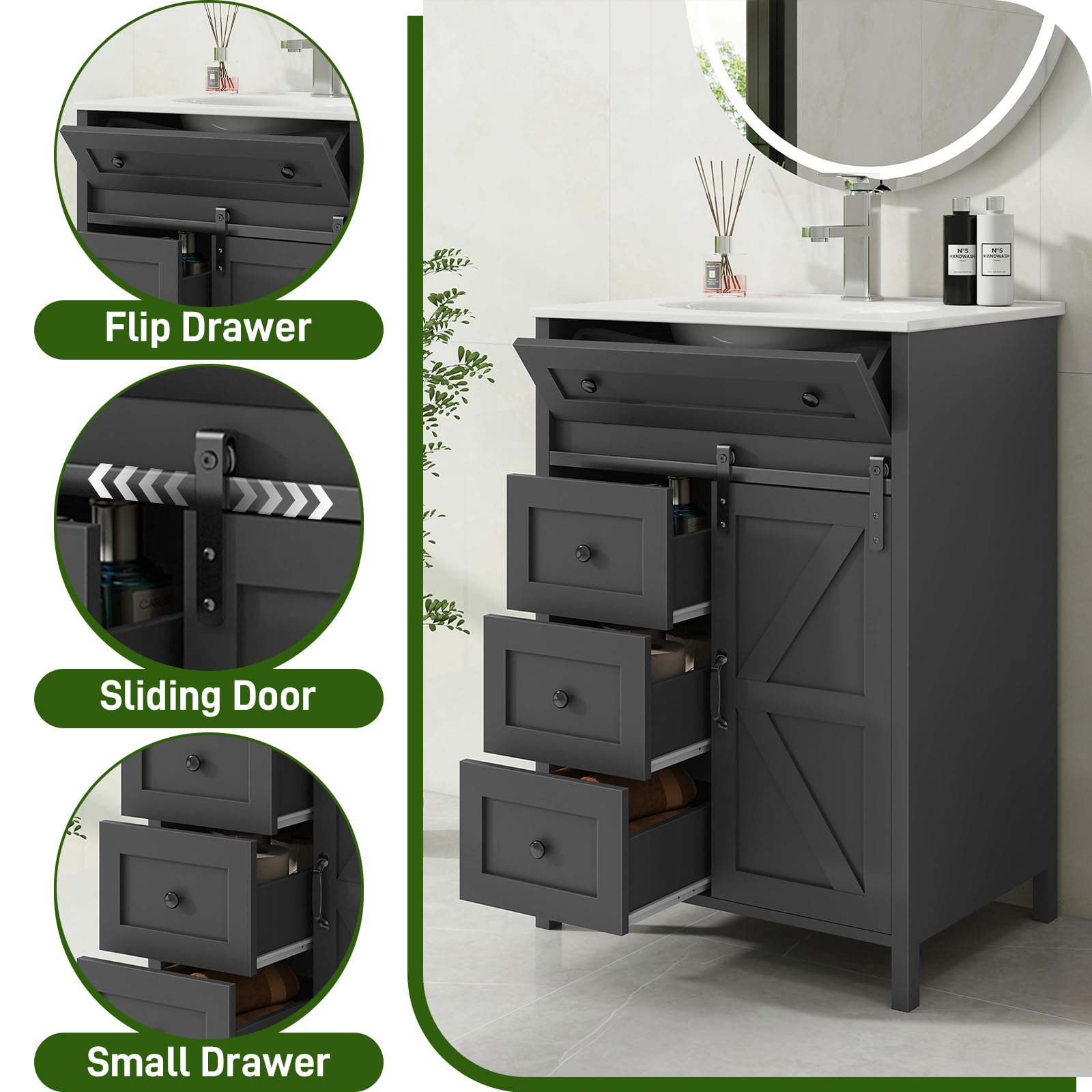 Vabches Freestanding Bathroom Vanity Set with Sink & Matte Silver Faucet - 36 Inch Bath Storage Cabinet with Sliding Doors, Drawers & Countertop - Modern Grey Bath Vanity for Small Spaces, Powder Room or Master Bath Remodel