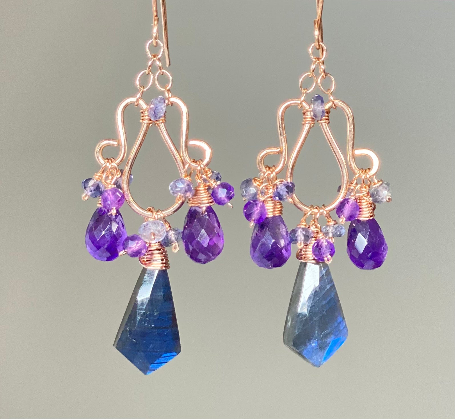Handmade Blue Labradorite and Amethyst Chandelier Earrings in Rose Gold Fill - Elegant Boho Jewelry for Women, Perfect for Weddings, Parties & Special Occasions