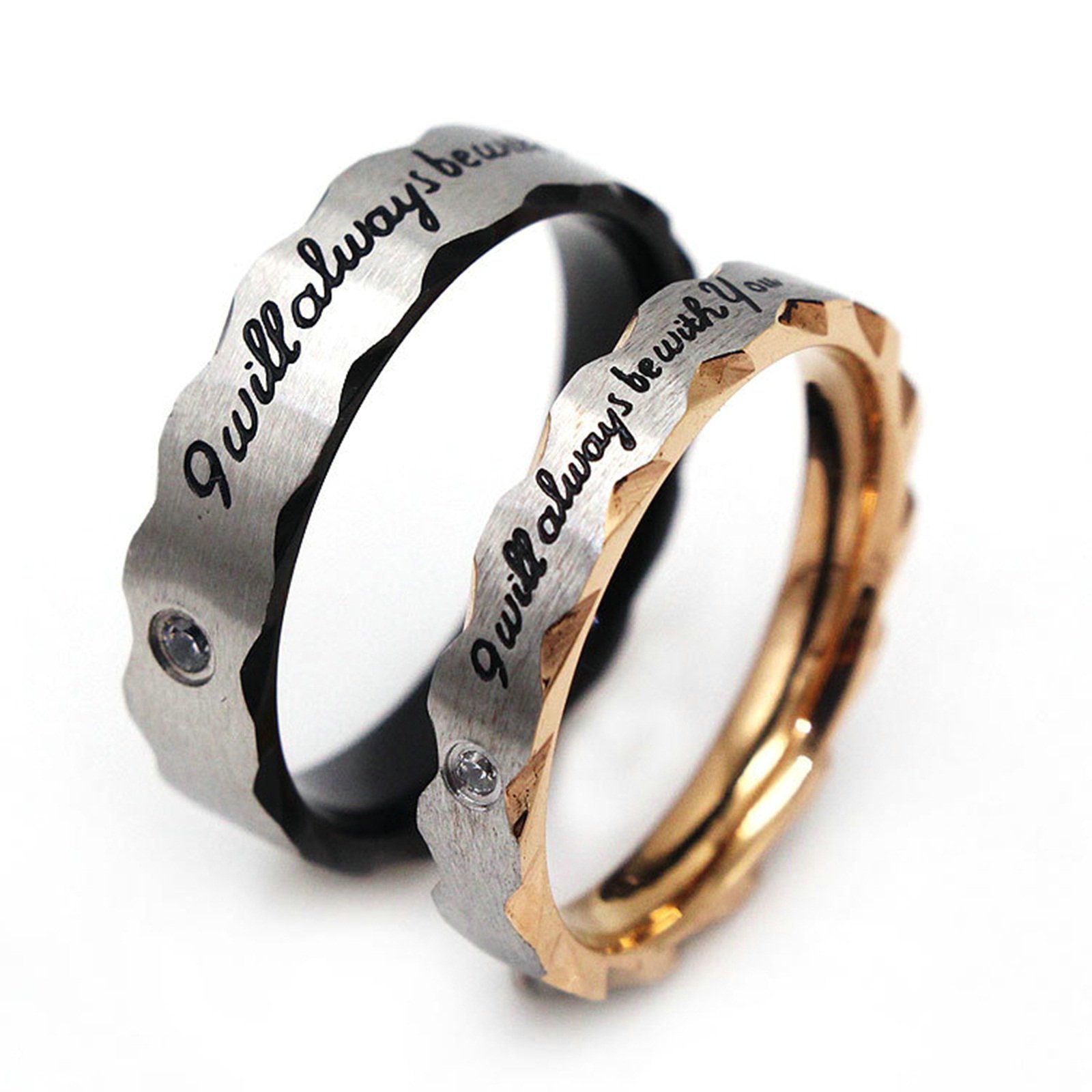 **Aooaz Stainless Steel Couple Rings - Black & Rose Gold Wedding Bands with Cubic Zirconia, Free Engraving (Women's Size 5 & Men's Size 9) - Romantic Jewelry Gift for Anniversaries, Engagements & Promises**    *(Perfect for weddings, vow renewals, or as a sentimental gift for couples celebrating love & commitment.)*