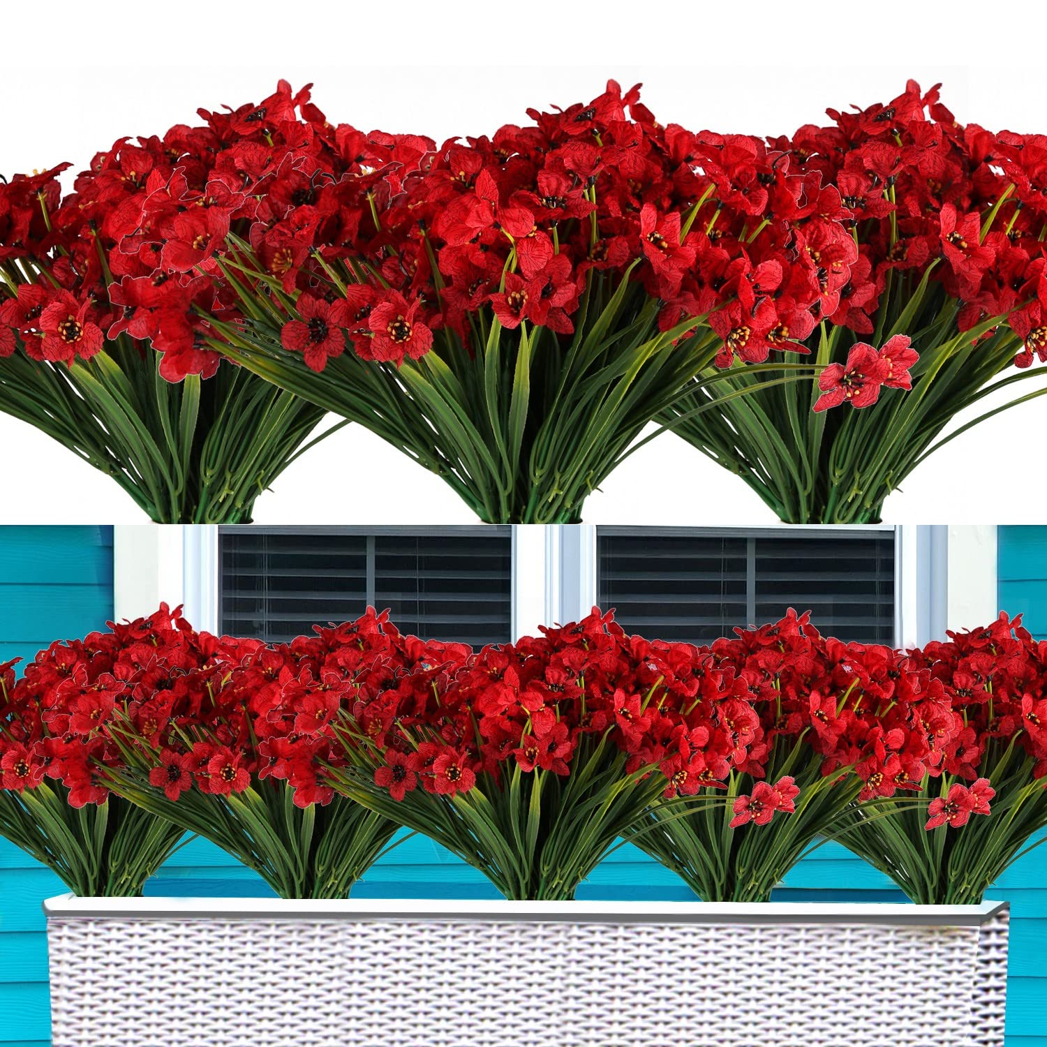 20 Bundles UV Resistant Artificial Flowers Outdoor - Fade Proof Fake Flowers for Patio, Porch, Window Box, Home, Wedding & Farmhouse Decor (Deep Red) - Perfect for Outdoor Landscaping, Garden Accents & Seasonal Displays