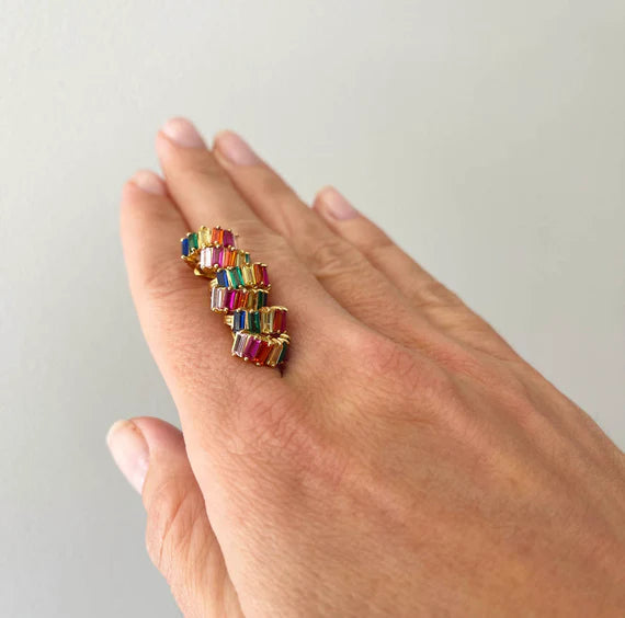 FAIRLEY Rainbow Baguette Cluster Huggie Earrings for Women - Colorful Dainty Hoop Earrings for Everyday Wear, Party & Gift Giving
