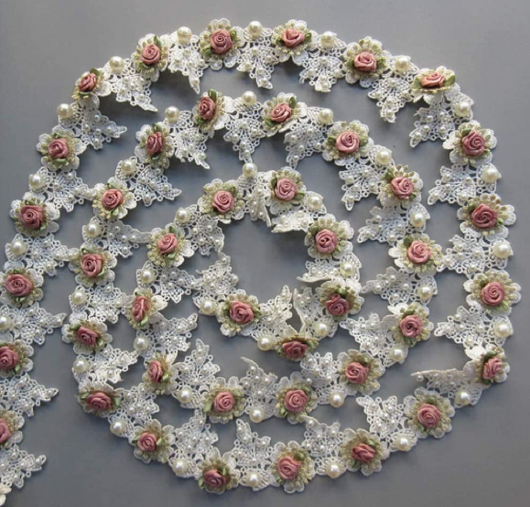 Vintage Pearl Rose Embroidered Lace Trim - 3 Yards Floral Applique Ribbon for DIY Sewing, Bridal Decorations & Costume Accessories | Perfect for Wedding Dresses, Hats, Crafts and DIY Projects