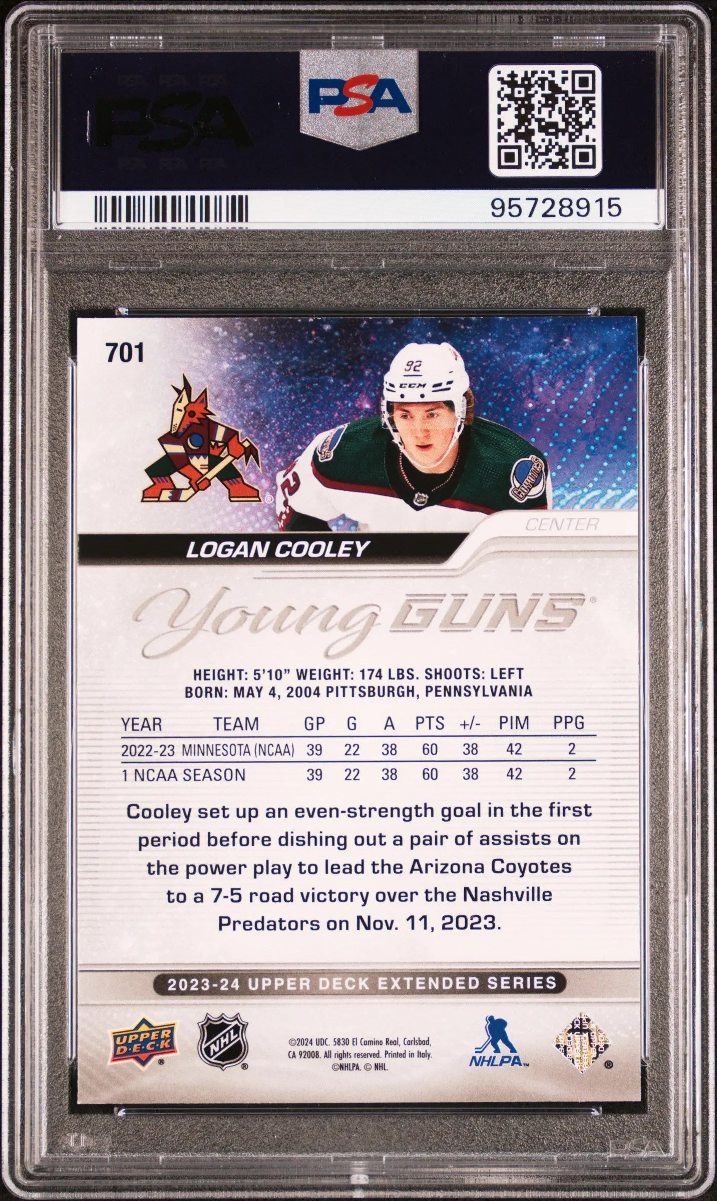 2023-24 Upper Deck Extended Series Logan Cooley Young Guns Hockey Card - PSA 10 Gem Mint - Perfect for Collectors & Sports Memorabilia Enthusiasts