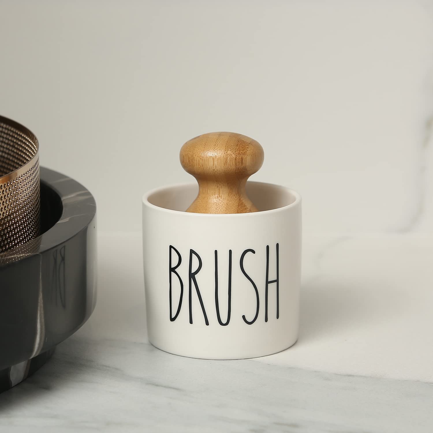 HOMCDALY Bamboo Dish Brush with Ceramic Holder - Eco-Friendly Kitchen Scrub Brush for Washing Dishes - Dishwashing Brush Set with Storage - Perfect for Daily Kitchen Cleaning & Sustainable Home Use (White)