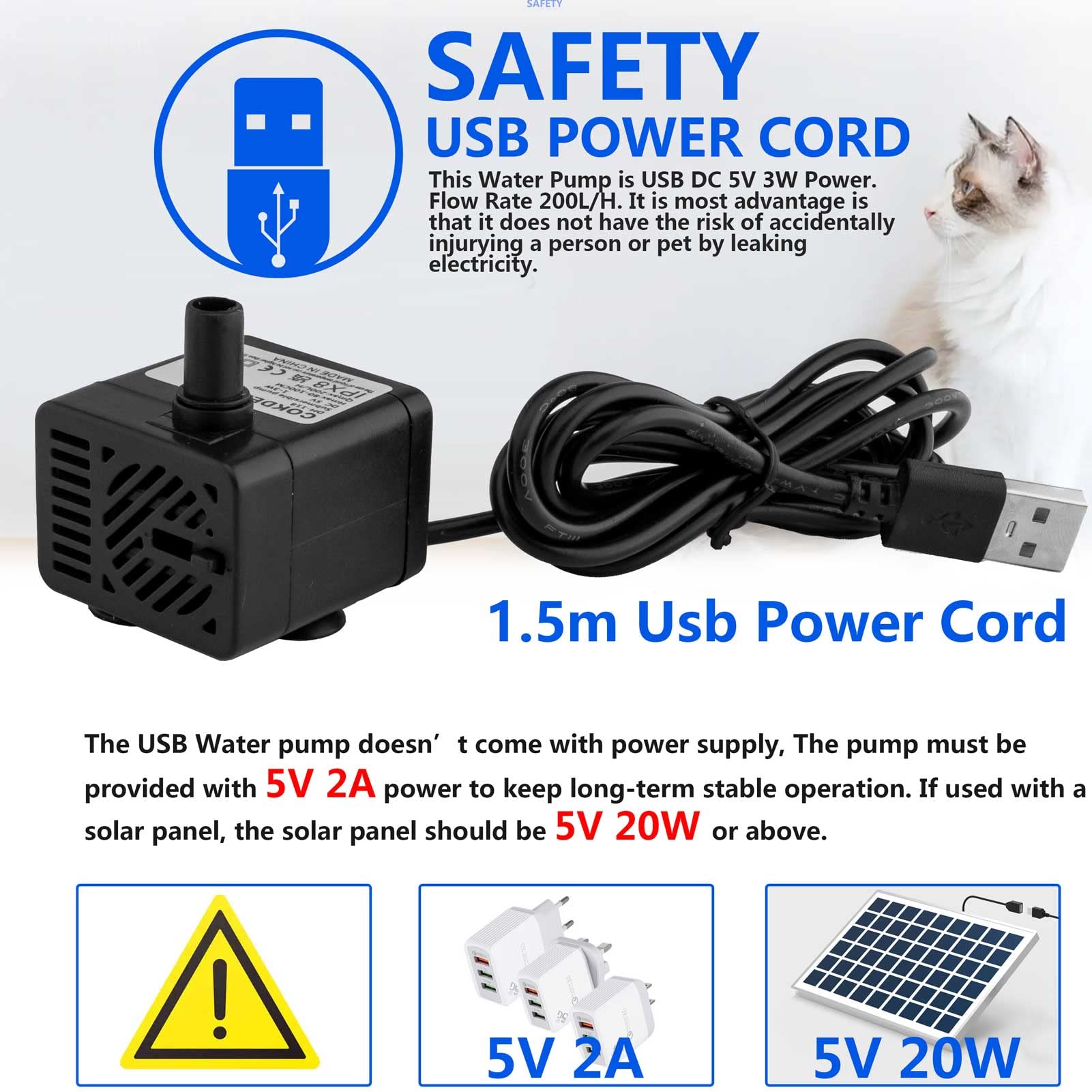 5V USB Mini Submersible Water Pump - Ultra Quiet Adjustable 200L/H DC Water Pump for Pet Fountains, Aquariums, Hydroponics | Indoor & Outdoor Use in Fish Tanks, Ponds, Garden Irrigation