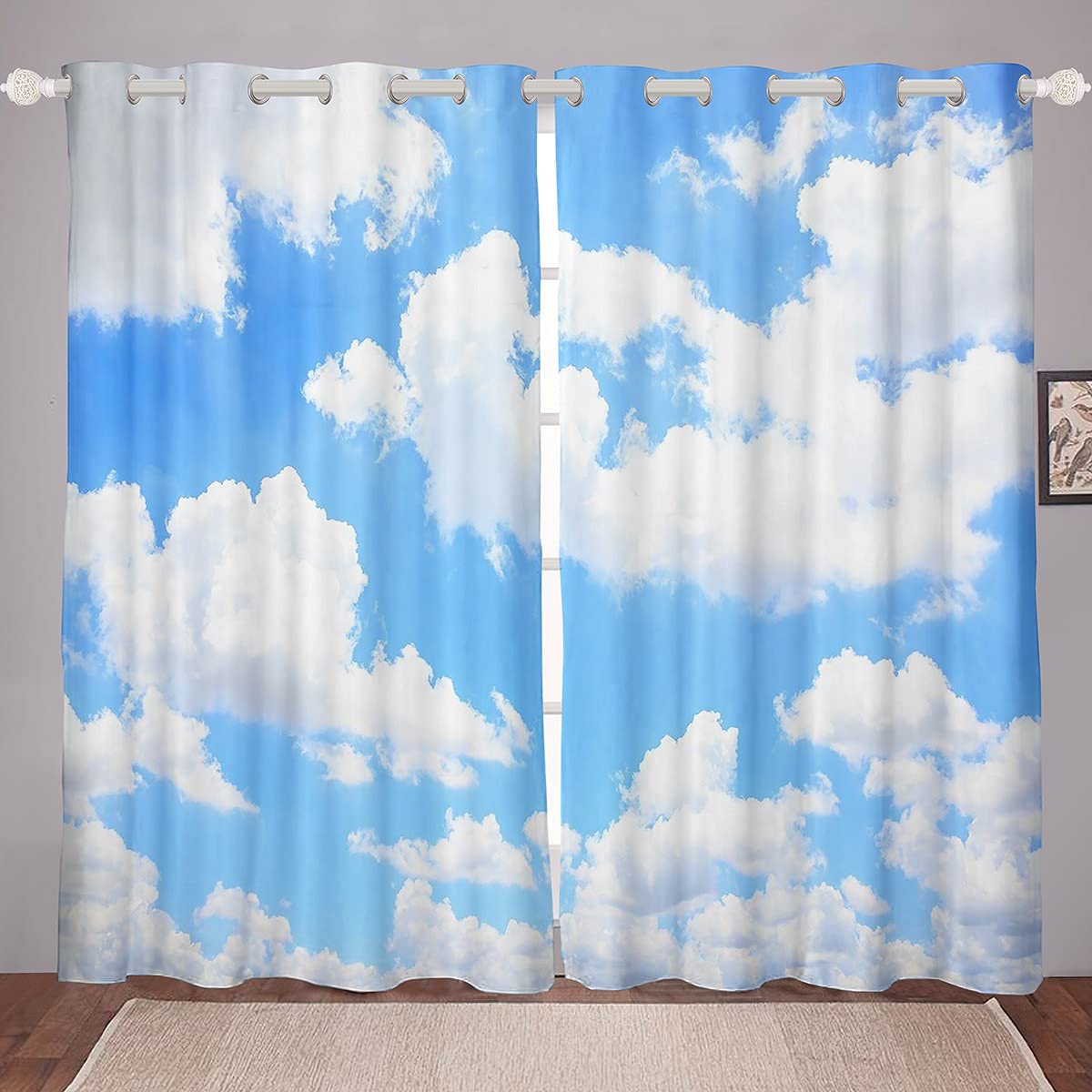Erosebridal Sky Window Curtains for Kids & Teens - White Clouds & Natural Scenery Washable Fabric Drapes, 2 Panel Set (38