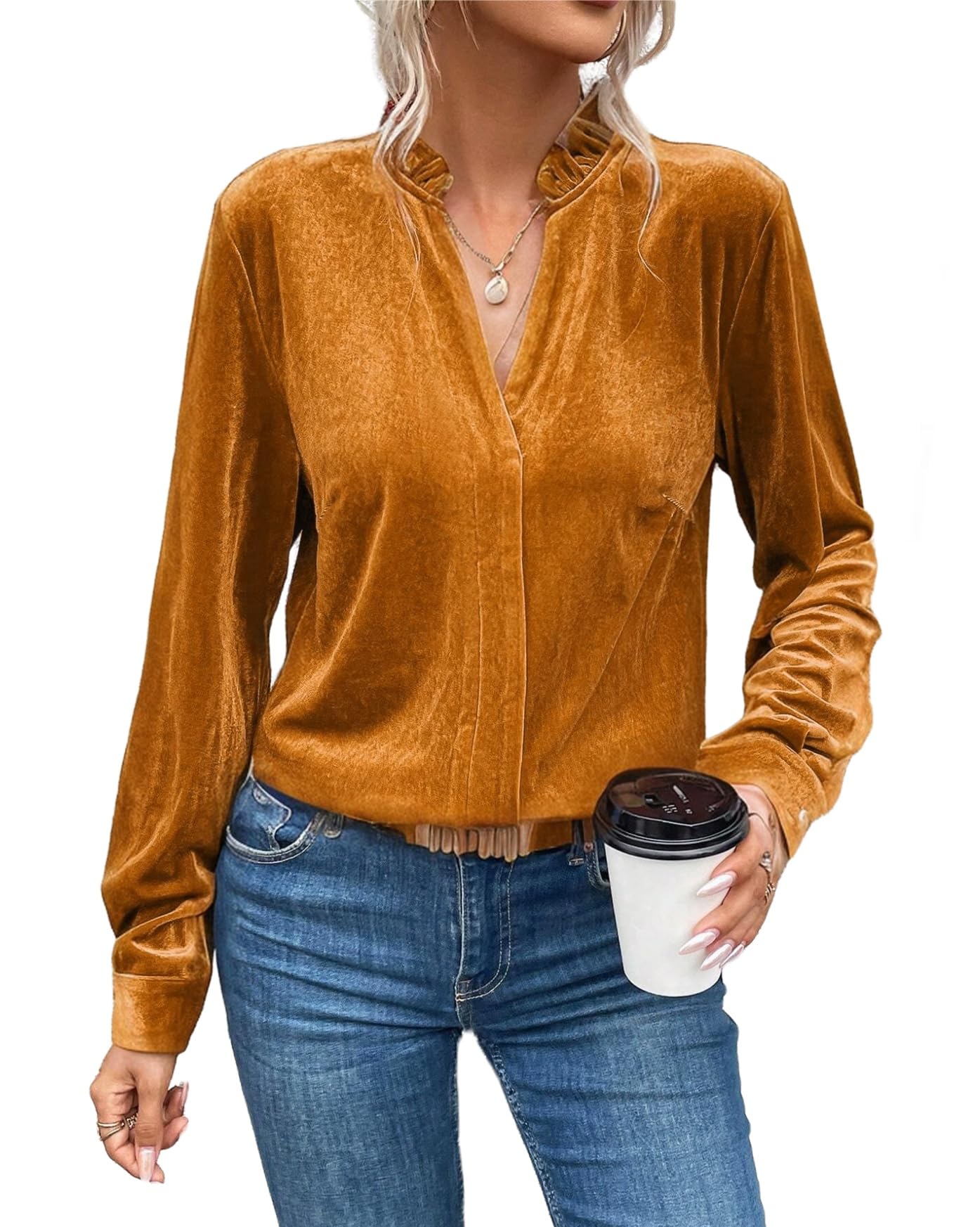 Women's Velvet Long Sleeve V-Neck Tunic Blouse - Soft Casual Loose Fit Shirt for Work, Date Night & Holiday Parties