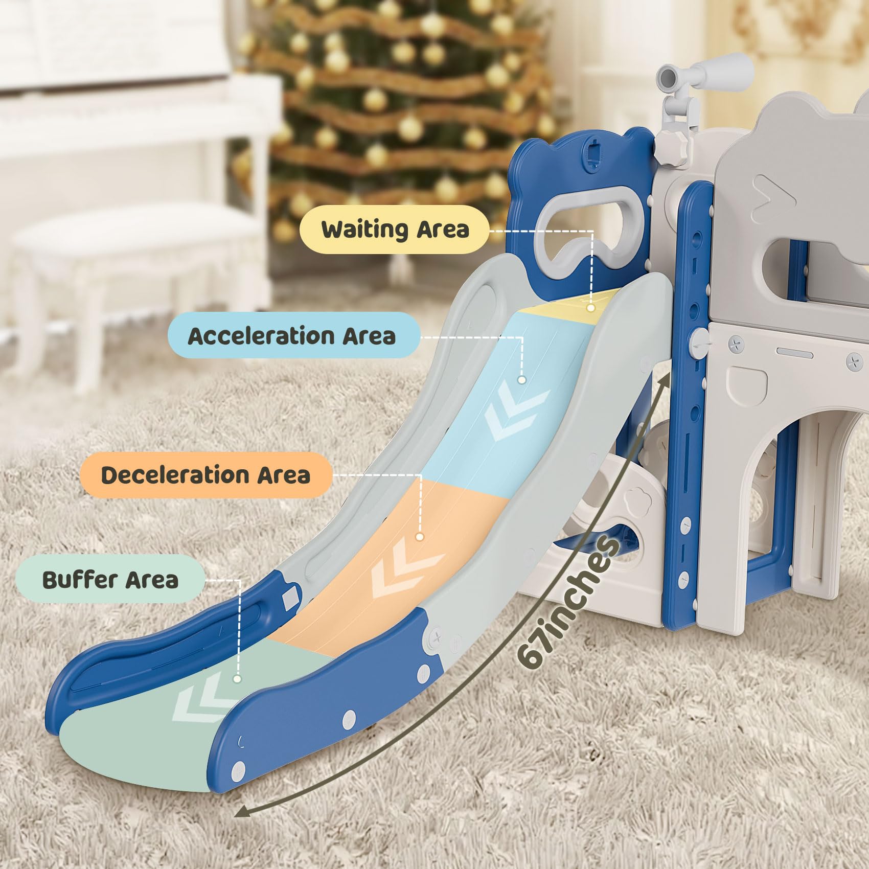 Babytronic 7-in-1 Toddler Slide Playset for Kids Ages 1-3 - Indoor & Outdoor Baby Slide with Basketball Hoop & Telescope - Blue & Gray Toddler Playground Equipment for Home, Backyard, Daycare & Preschool Play Areas