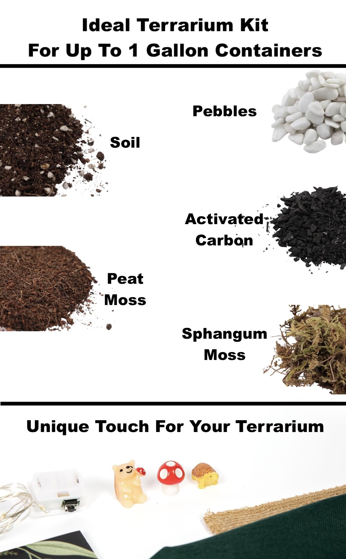 Complete DIY Terrarium Kit with 13 Items - Soil, Pebbles, Sphagnum Moss, Activated Carbon & Tools for Indoor Gardening | Create Your Own Mini Ecosystem for Home Decor, Office Desk or Gift