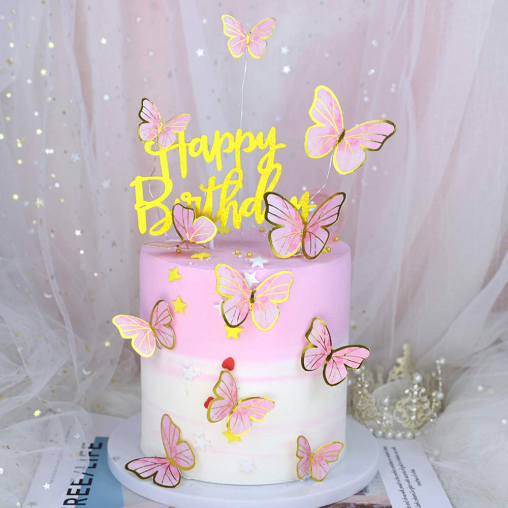Happy Birthday Cake Topper - Butterfly & Bunting Party Decorations for Birthday Cakes | Pink Birthday Party Supplies for Weddings, Baby Showers & Celebrations