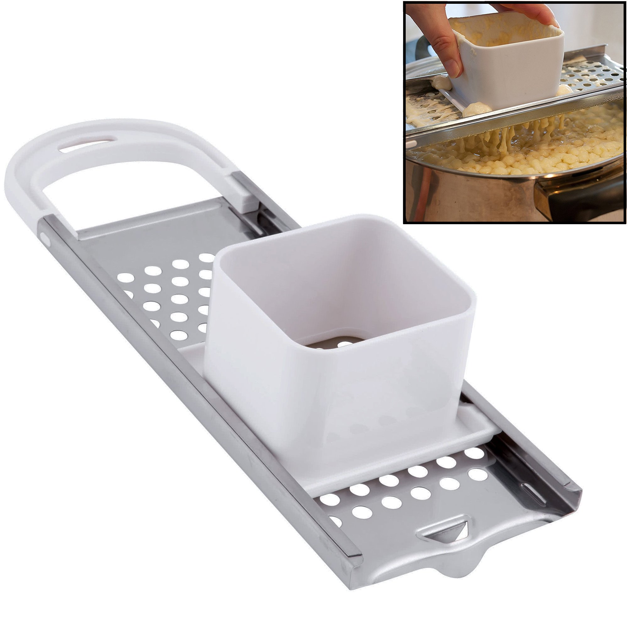 Premium Stainless Steel Spaetzle Maker - German Noodle & Dumpling Press with Safety Pusher - Perfect for Homemade Spaetzle, Pasta & Asian Dumplings