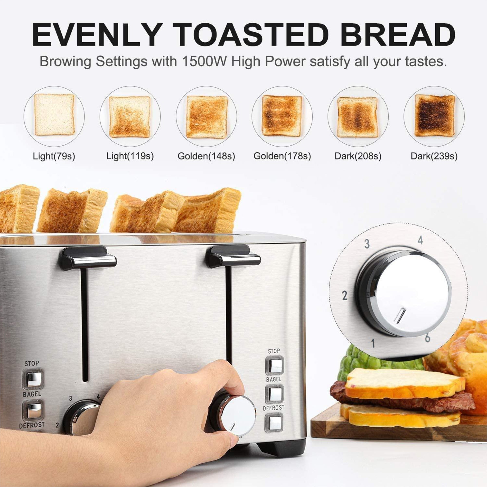 4 Slice Wide Slot Toaster - Stainless Steel with Extra-Wide Bread Slots, Defrost & Reheat Functions | LauKingdom | Perfect for Bagels, Thick Slices & Family Breakfasts