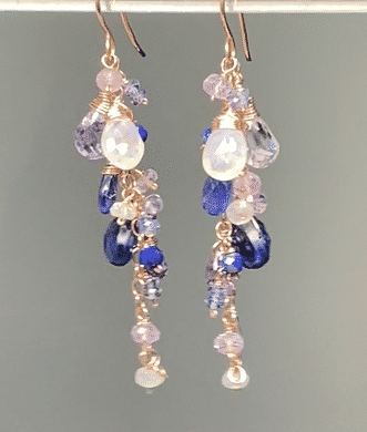 Blue Violet Rose Gold Dangle Earrings with Moonstone, Kyanite, Amethyst & Violet Quartz Gemstones – Elegant Boho Jewelry for Women, Perfect for Weddings, Parties & Everyday Wear