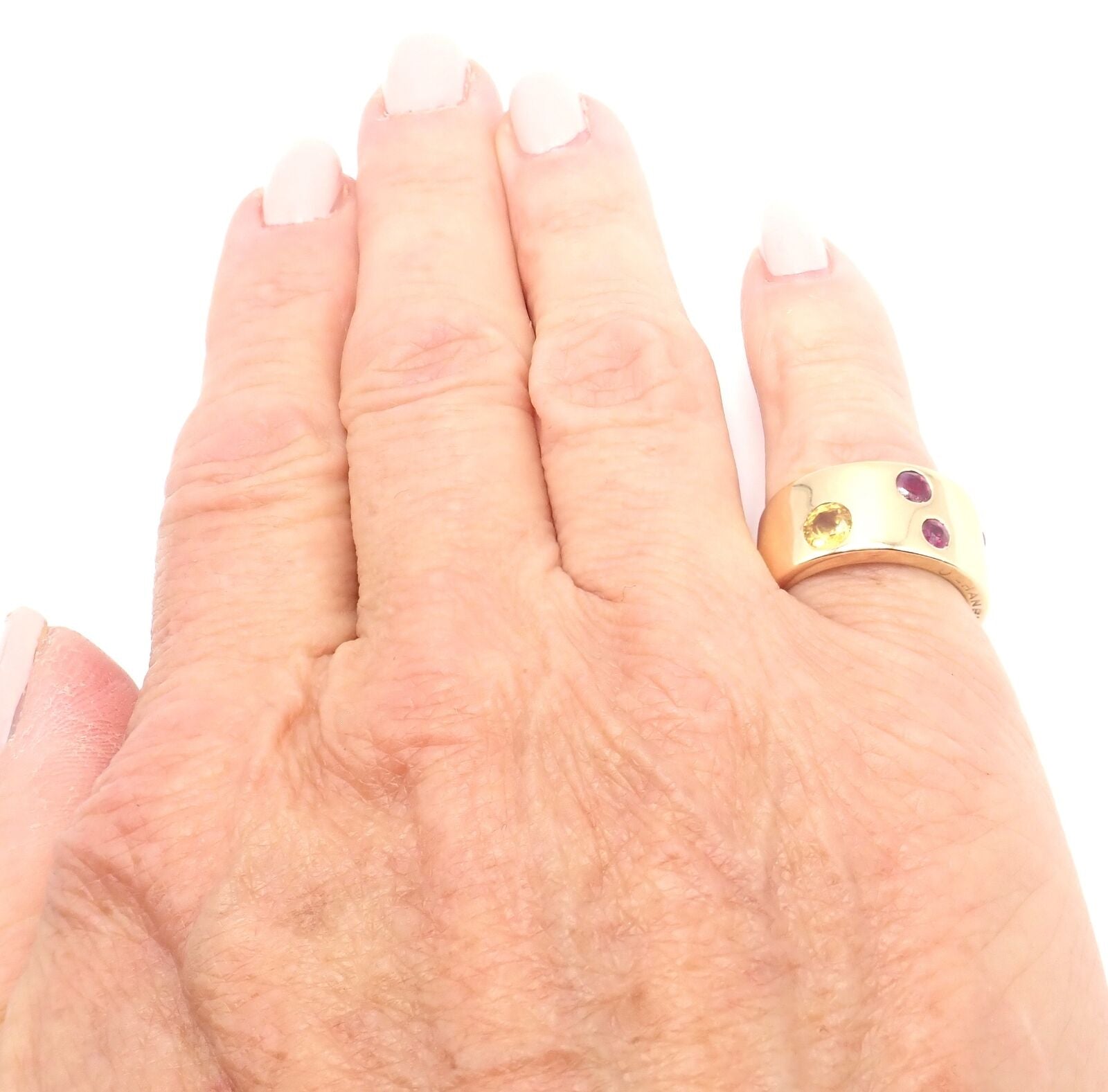 Authentic Chanel 18k Yellow Gold Ruby & Yellow Sapphire Wide Band Ring - Size 5 | Luxury Fashion Jewelry for Women, Perfect for Weddings, Parties & Special Occasions
