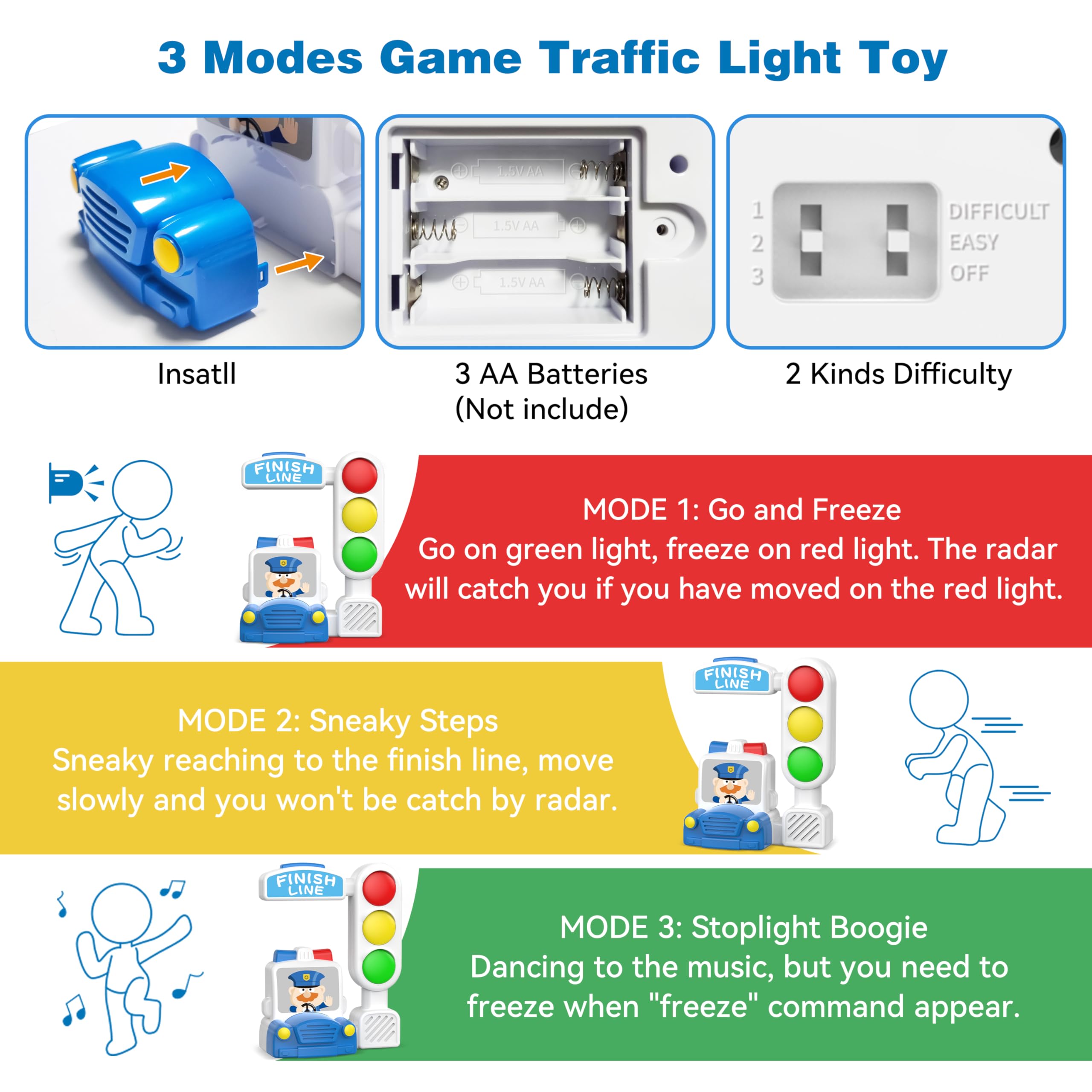 3-in-1 Motion Sensor Traffic Light Game Toy for Kids Ages 3-8 - Interactive Educational Toy for Indoor & Outdoor Play - Perfect Birthday & Christmas Gift for Family Party Games