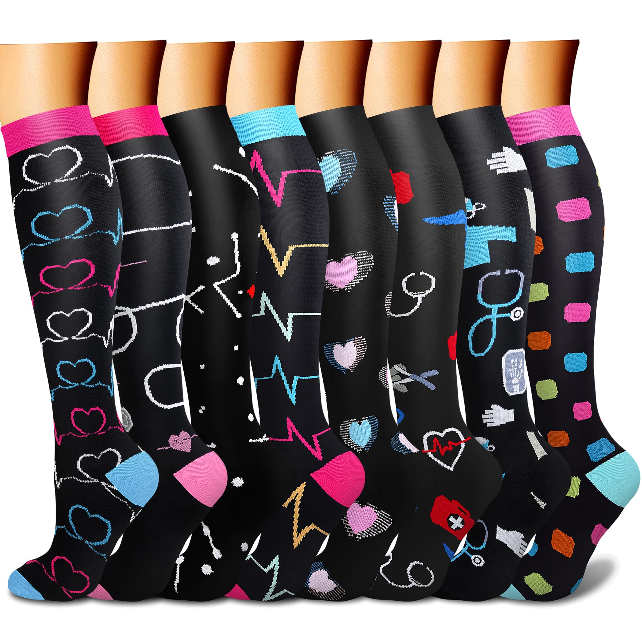 CHARMKING 15-20 mmHg Compression Socks for Women & Men - 8 Pairs - Best for Running, Hiking, Travel & Circulation Support - Improve Blood Flow for Athletes, Nurses & Frequent Flyers