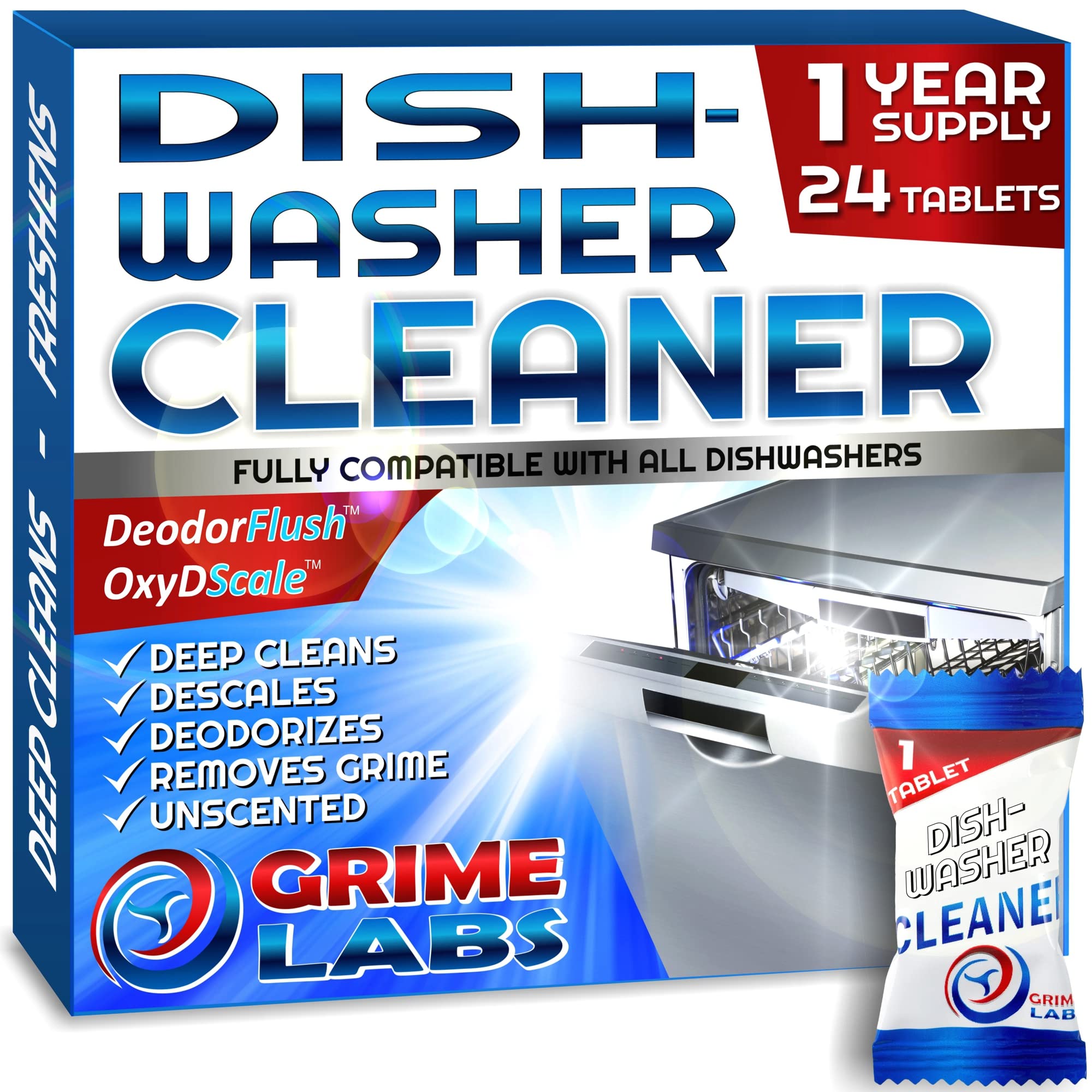 Dishwasher Cleaner & Descaler Tablets - 24 Pack Heavy Duty Deep Cleaning Pods for Lime Scale Removal | Natural Deodorizer & Machine Cleaner | 12 Month Supply | Ideal for Hard Water & Stain Removal