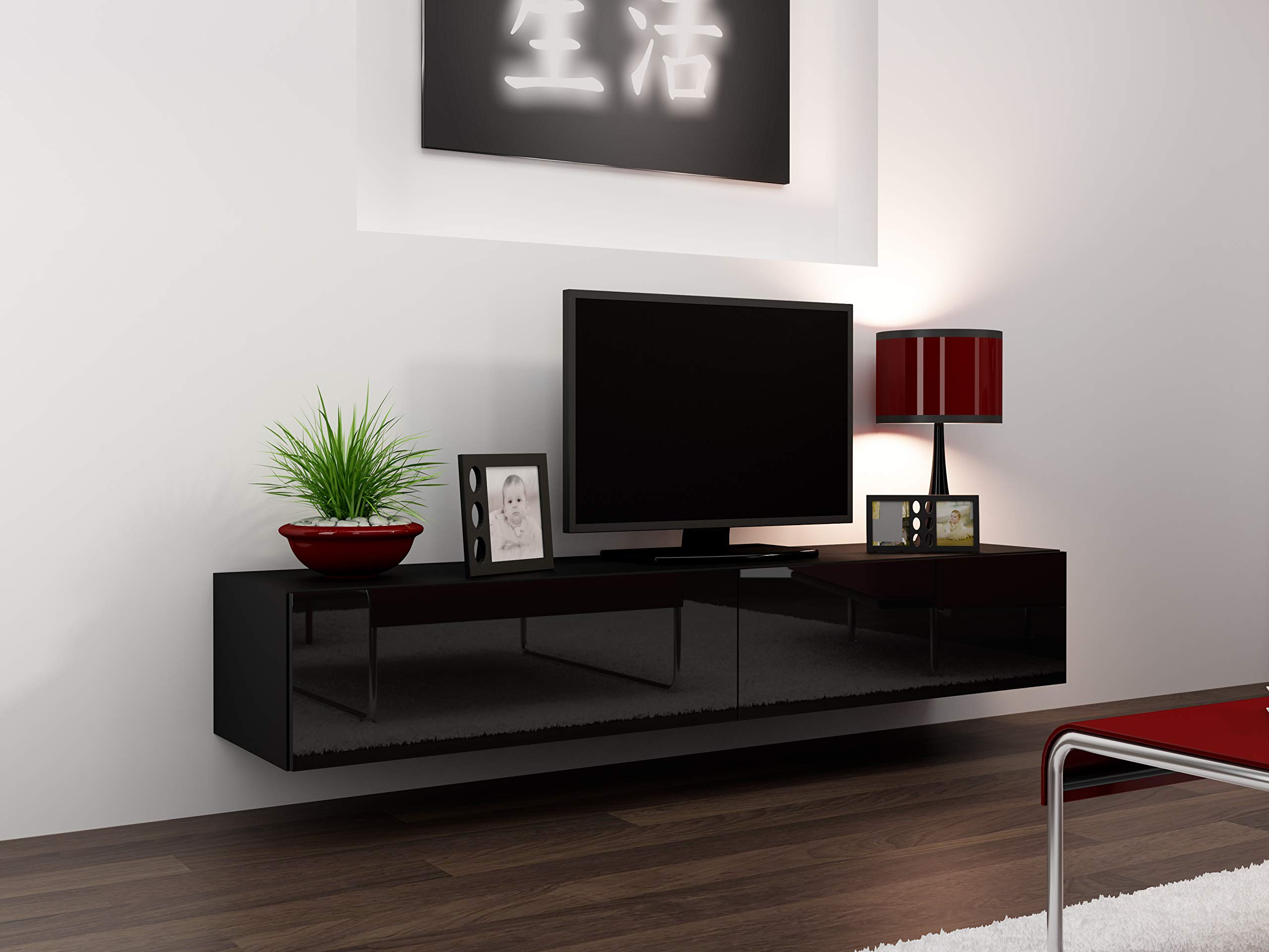 VIGO High Gloss Modern TV Stand for Living Room - Black Entertainment Center with Storage for Flat Screen TVs up to 65