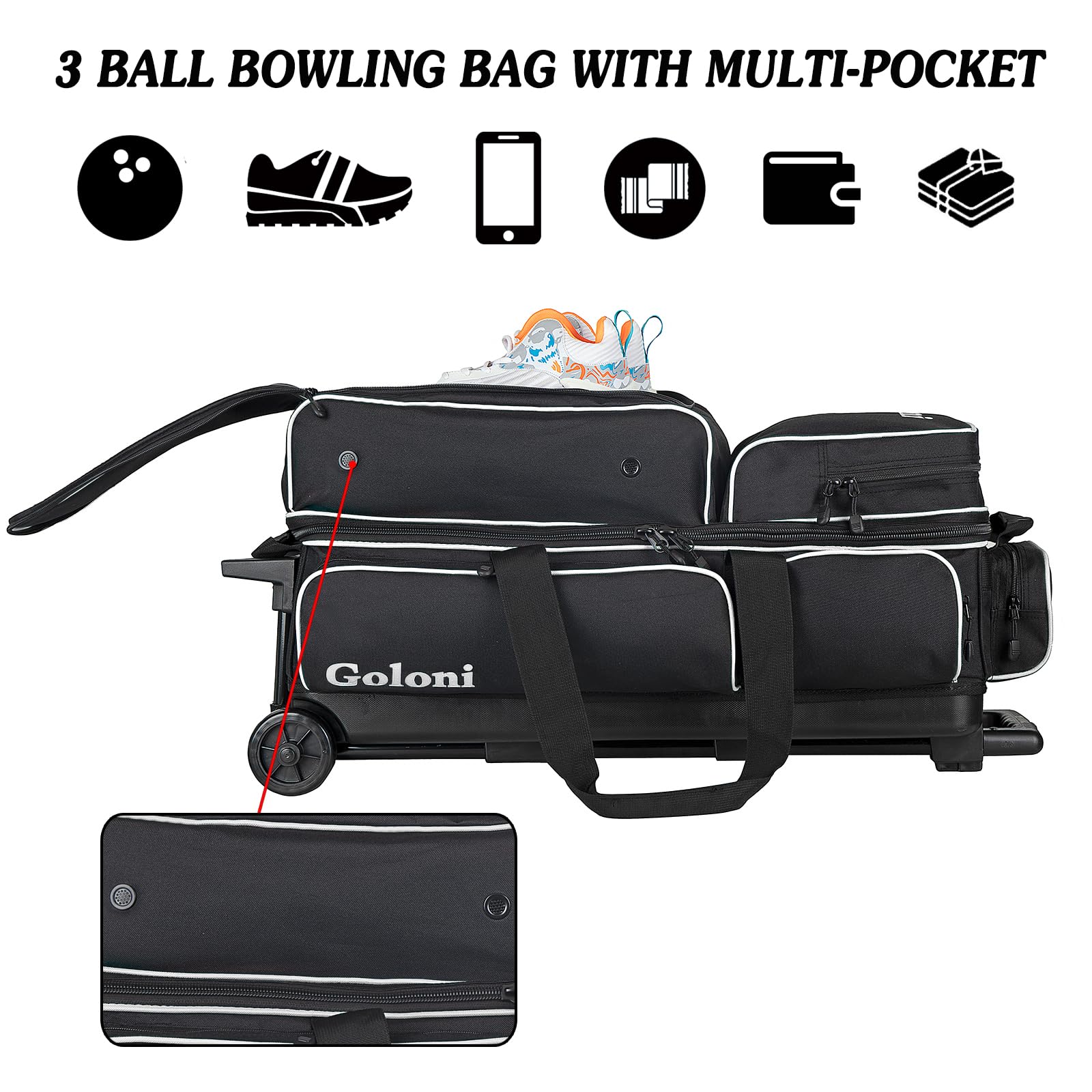 Goloni 3 Ball Rolling Bowling Bag with Wheels & Retractable Handle (Extends to 38