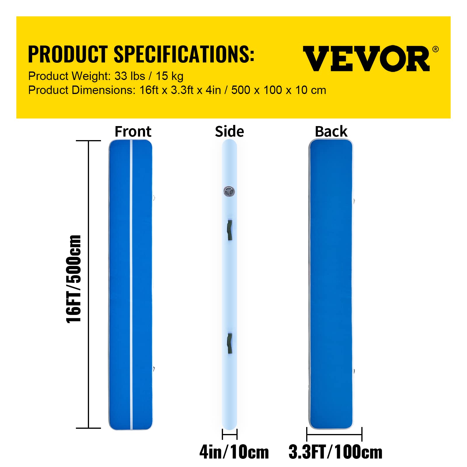 VEVOR 16ft Inflatable Air Gymnastic Mat - 4 Inch Thick Tumble Track with Electric Pump | Durable Training Mat for Home Gym, Cheerleading, Yoga & Water Play | Perfect for Backyard, Studio & Poolside Activities