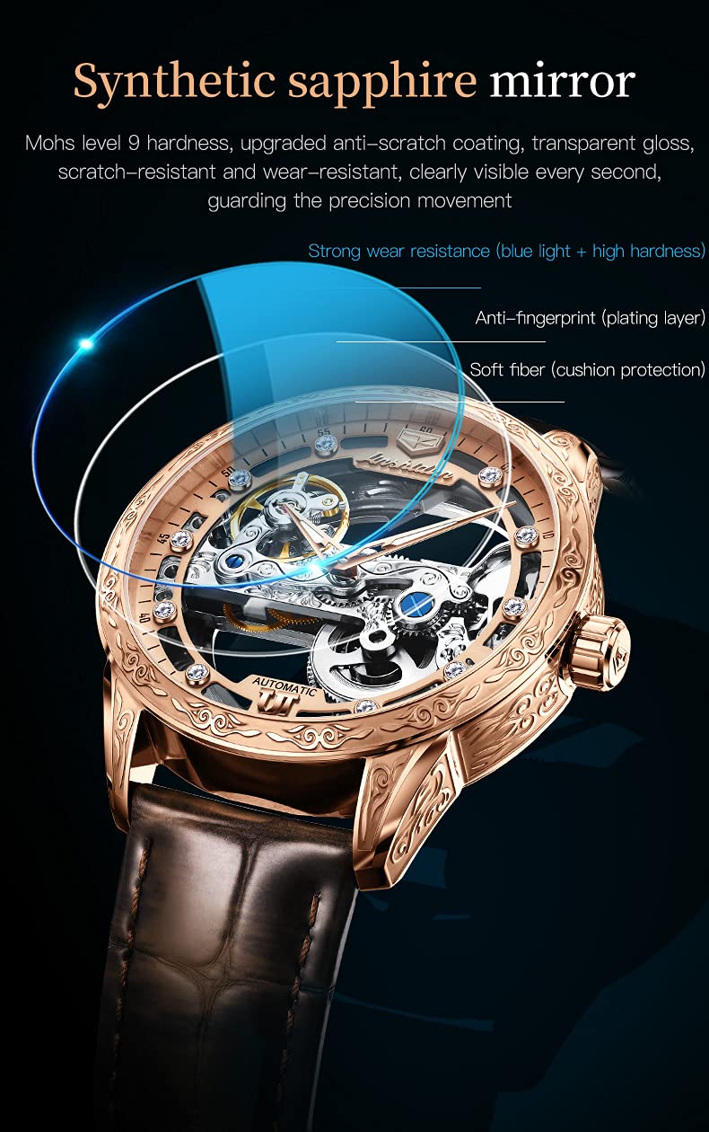 OLEVS Men's Skeleton Automatic Mechanical Watch - Self-Winding Dress Watch with Luminous Hands, Waterproof Leather Strap - Perfect for Business, Formal Events & Luxury Gifts