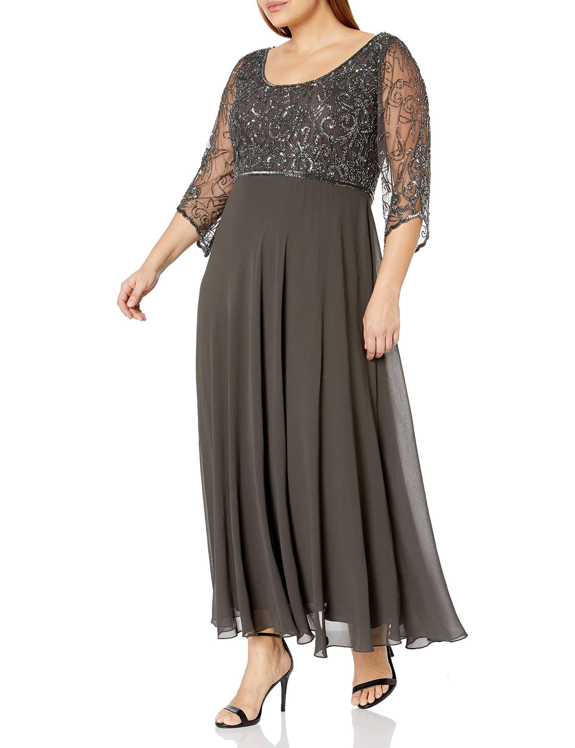 J Kara Women's Plus Size 3/4 Sleeve V-Neck Beaded Blouse Long Dress for Evening Party, Wedding Guest & Special Occasions