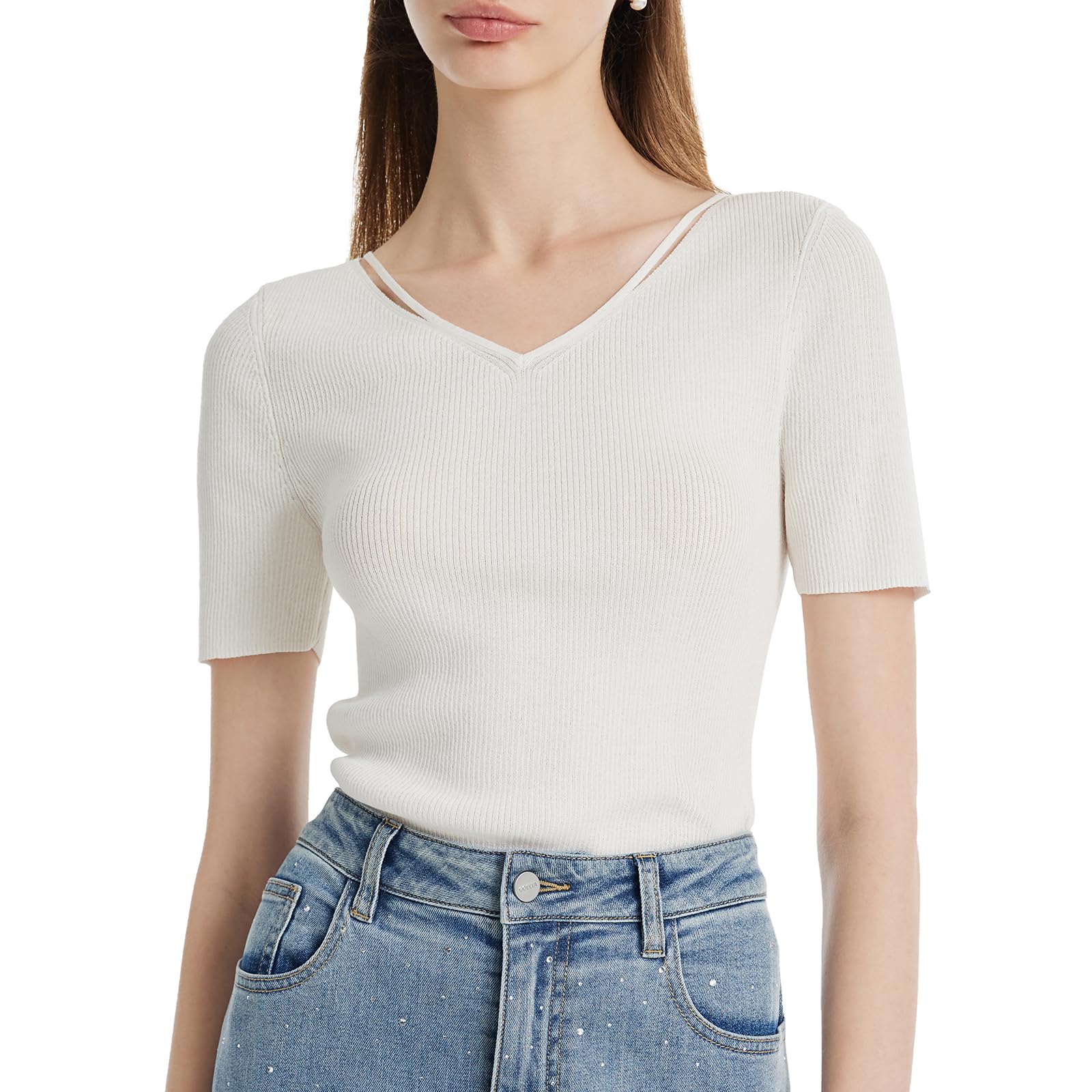 Women's Summer Short Sleeve V-Neck T-Shirts & Casual Crop Blouses with Detachable 3D Flower - Breathable Basic Tops for Everyday Wear, Office, Dating & Vacation