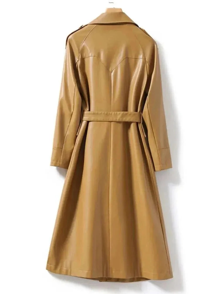 Women's Long Belted Leather Overcoat - Classic Trench Coat with Adjustable Waist for Fall & Winter | Perfect for Office, Travel & Formal Occasions