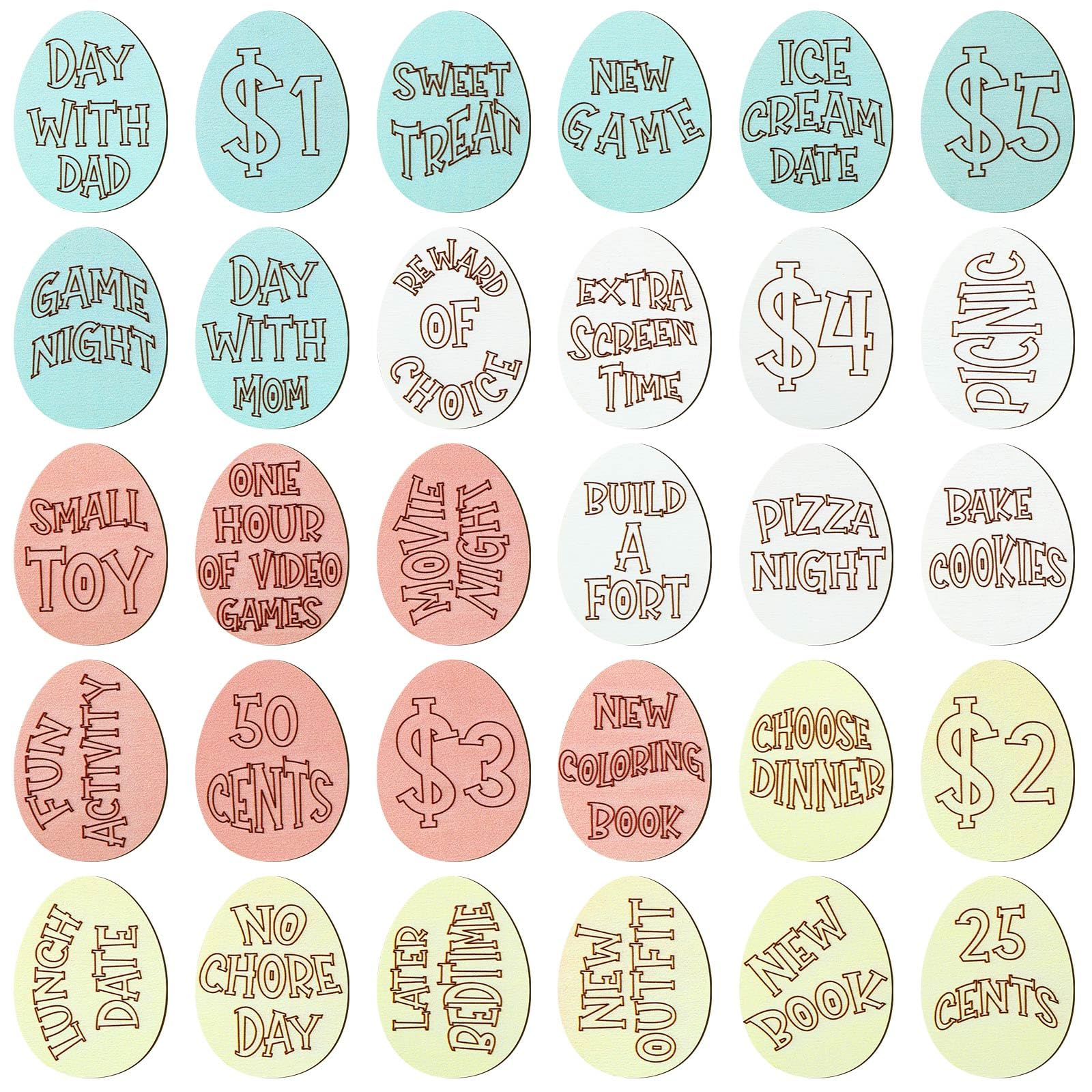 30 Pack Wooden Easter Egg Tokens - 30 Unique Engraved Sayings, Easter Basket Stuffers & Reward Tokens for Teens & Adults - Perfect for Easter Egg Hunts, Classroom Rewards & Party Favors
