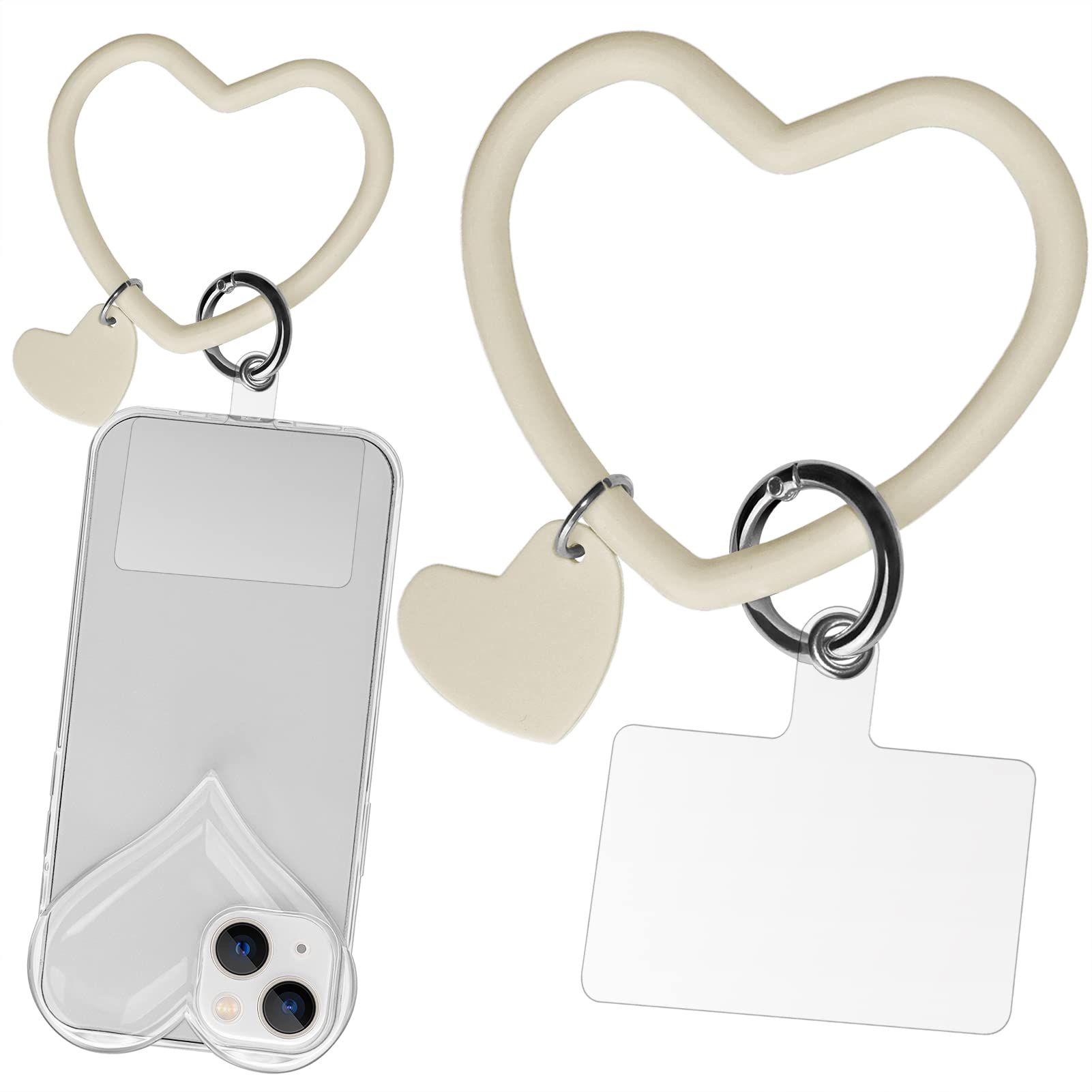 Silicone Heart Loop Phone Lanyard - Adjustable Wrist Strap with Keychain Holder - Universal Phone Case Anchor Compatible with All Smartphones (Beige) - Perfect for Work, Travel, and Outdoor Activities