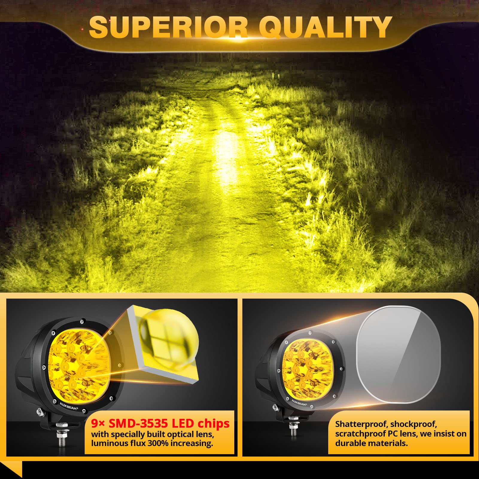 Auxbeam 4 Inch 90W LED Amber Fog Lights - 9000LM Round Offroad Driving Light Bar, Yellow Spot Light Pods for Trucks, Wrangler, UTV, Motorcycle - Perfect for Off-Roading, Bumper & Ditch Work Lighting